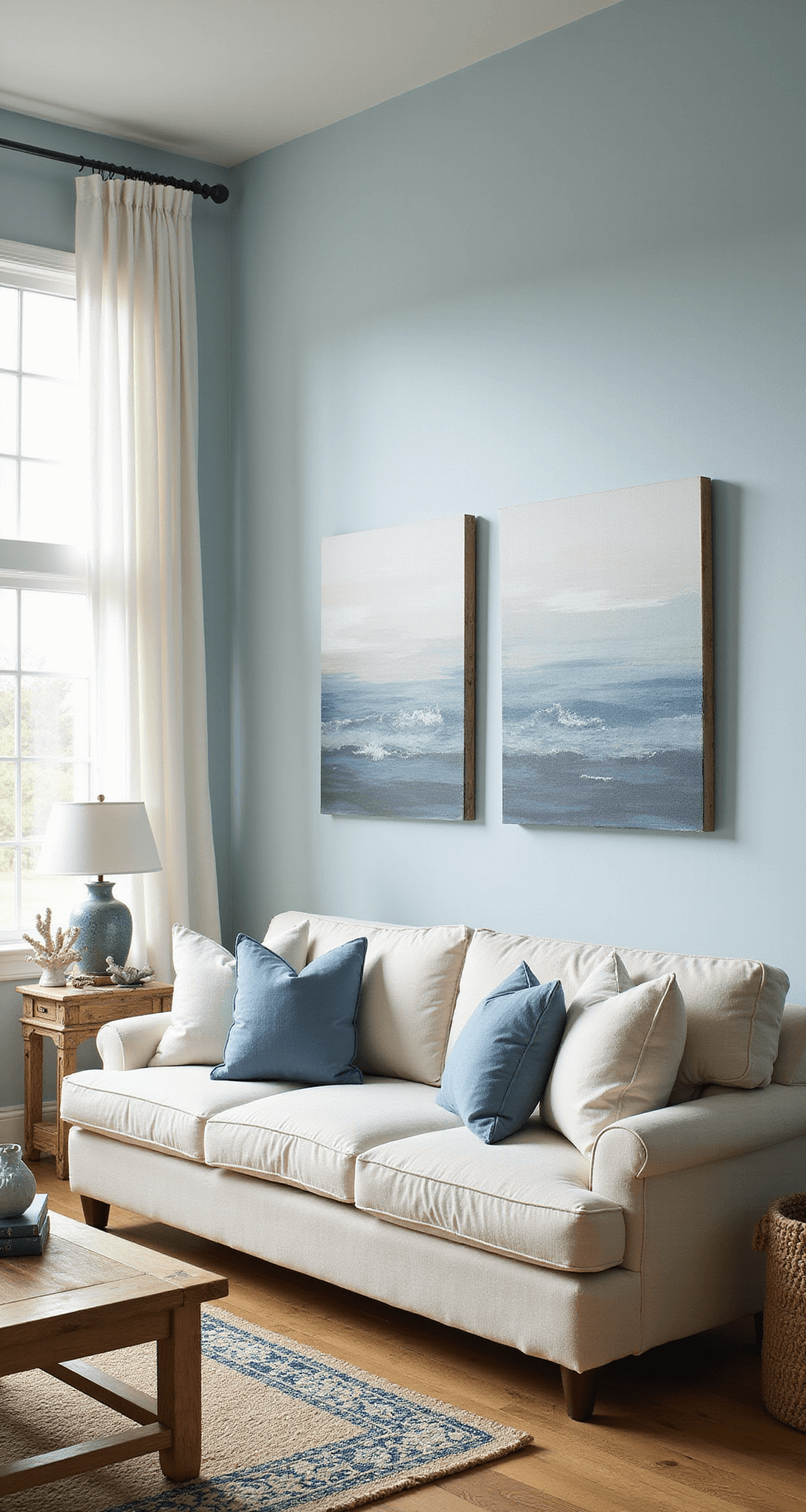 Light Blue Living Rooms: Your Ultimate Guide to Serene and Stylish Spaces A coastal-inspired living room featuring pale powder blue walls, a cream linen sofa, and weathered white oak furniture, illuminated by morning light through floor-to-ceiling windows, with a natural jute rug layered with a geometric blue-grey design, seascape artwork above the sofa, and styled with coral accents and textured blue throw pillows.