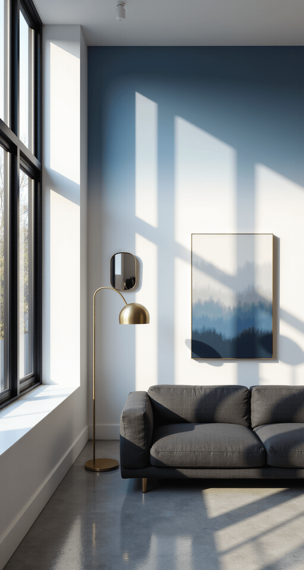 Light Blue Living Rooms: Your Ultimate Guide to Serene and Stylish Spaces Modern minimalist living space with an ombre accent wall in blue and white, featuring a charcoal sectional, brass floor lamp, and polished concrete floors, illuminated by late afternoon light casting shadows through black-framed windows.