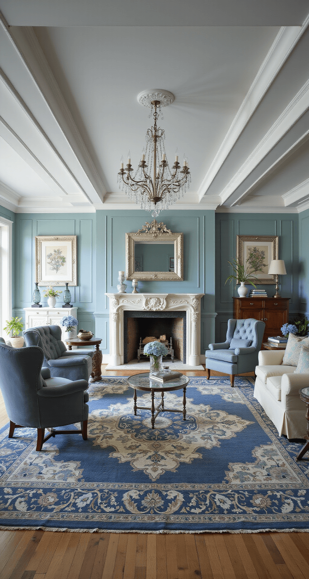 Light Blue Living Rooms: Your Ultimate Guide to Serene and Stylish Spaces A traditional living room featuring a coffered ceiling and duck egg blue wainscoting, with a marble fireplace and a large crystal chandelier. Slate velvet wing chairs and a cream leather rolled-arm sofa are arranged around a Persian rug, alongside antique mahogany side tables adorned with blue-and-white chinoiserie and fresh hydrangeas, all highlighted by dramatic afternoon light.