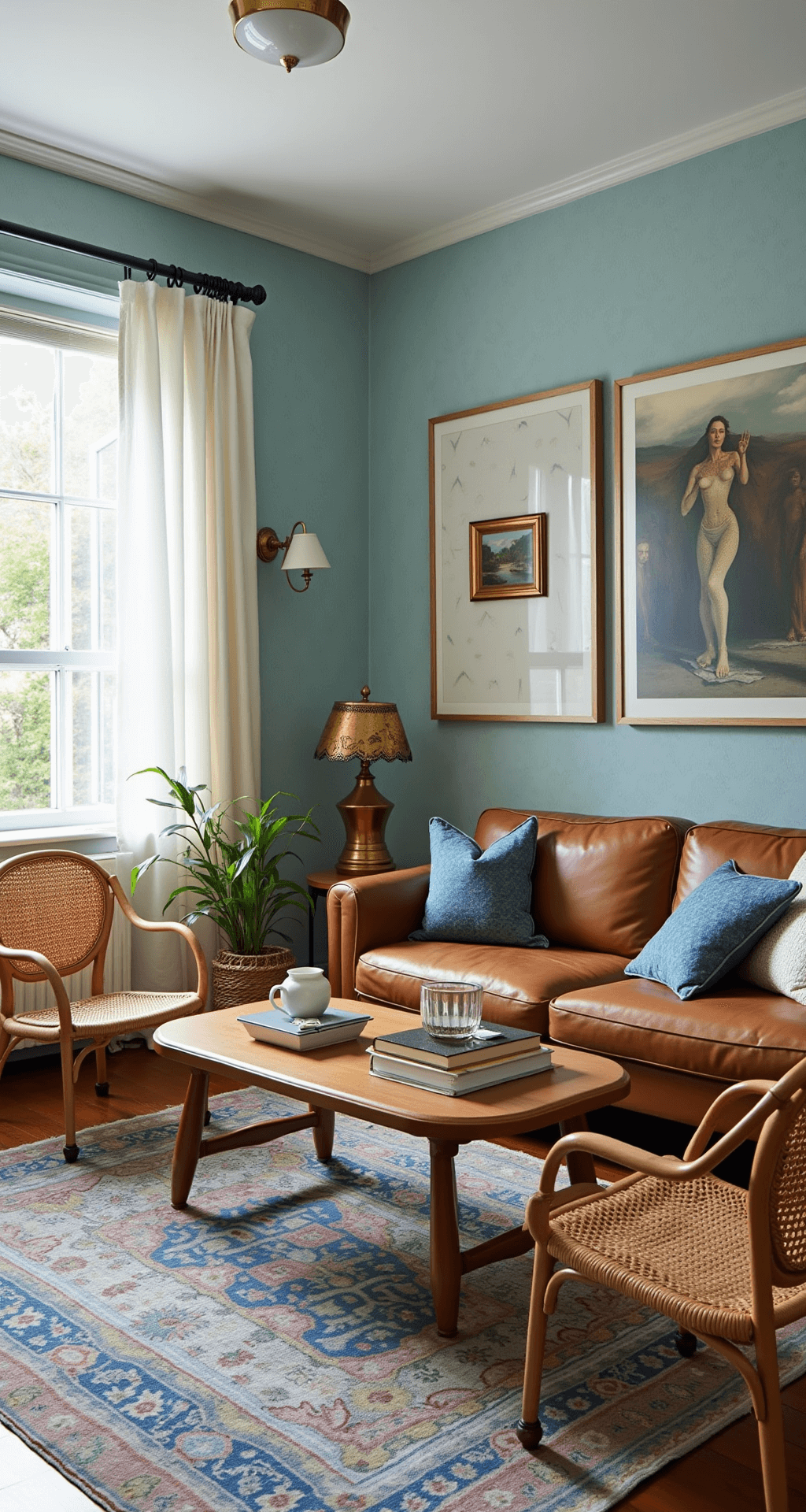 Light Blue Living Rooms: Your Ultimate Guide to Serene and Stylish Spaces An eclectic living room featuring light blue grasscloth wallpaper, mid-century modern furniture including a cognac leather sofa and rattan accent chairs, vintage brass details, layered Turkish rugs in blue tones, abundant natural light and warm ambient lighting, along with global artifacts, contemporary art, and trailing plants.