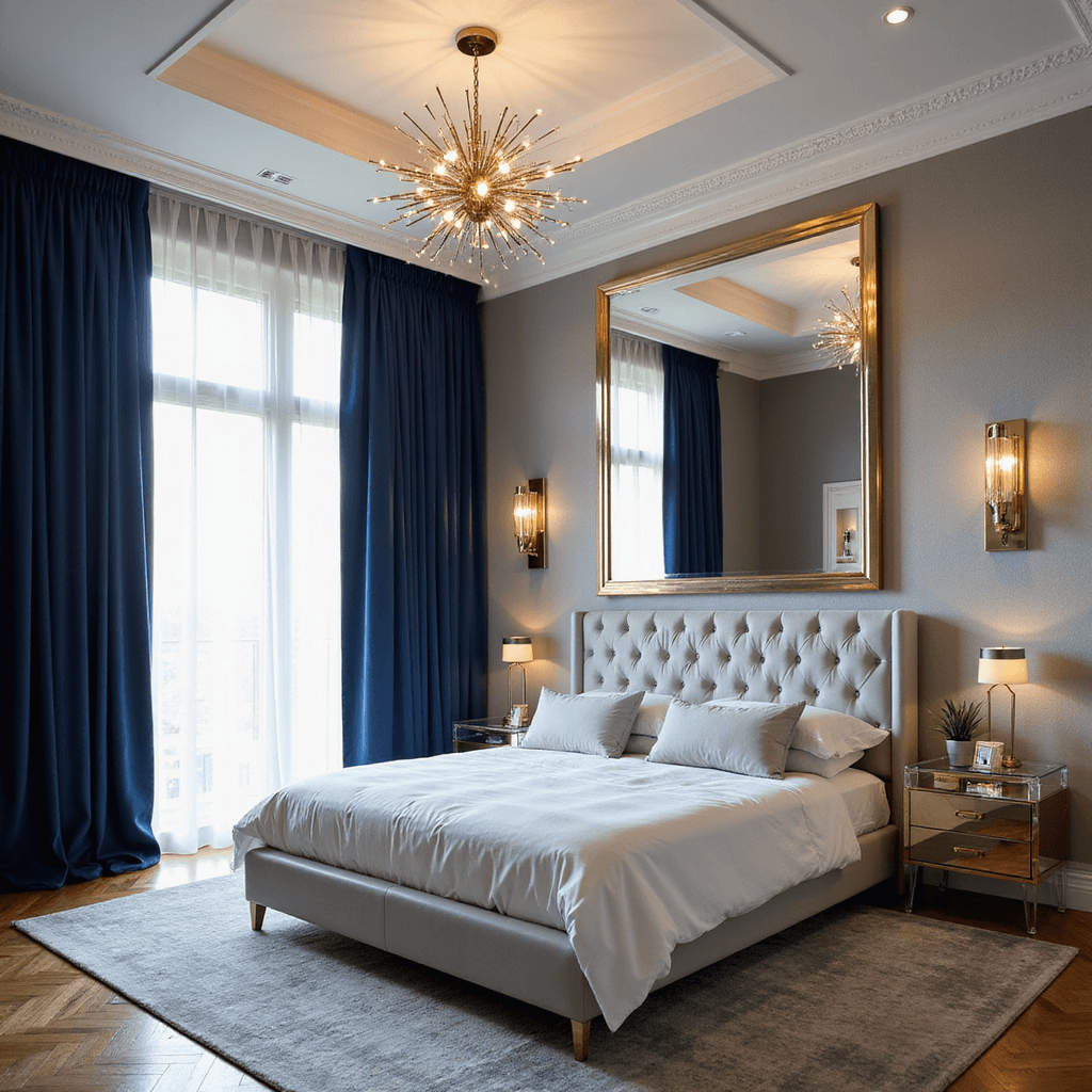 Modern Bedroom Ideas: Your Ultimate Guide to Creating a Stunning Sanctuary A luxurious contemporary bedroom suite featuring a king bed with a channel-tufted pearl gray leather headboard, lucite nightstands with brass accents, and deep navy velvet drapes. The room is illuminated by afternoon light, showcasing a 16ft tray ceiling with a modern sputnik chandelier, herringbone hardwood floors, and an oversized mirror with a floating brass frame, all emphasizing the elegance of the space.