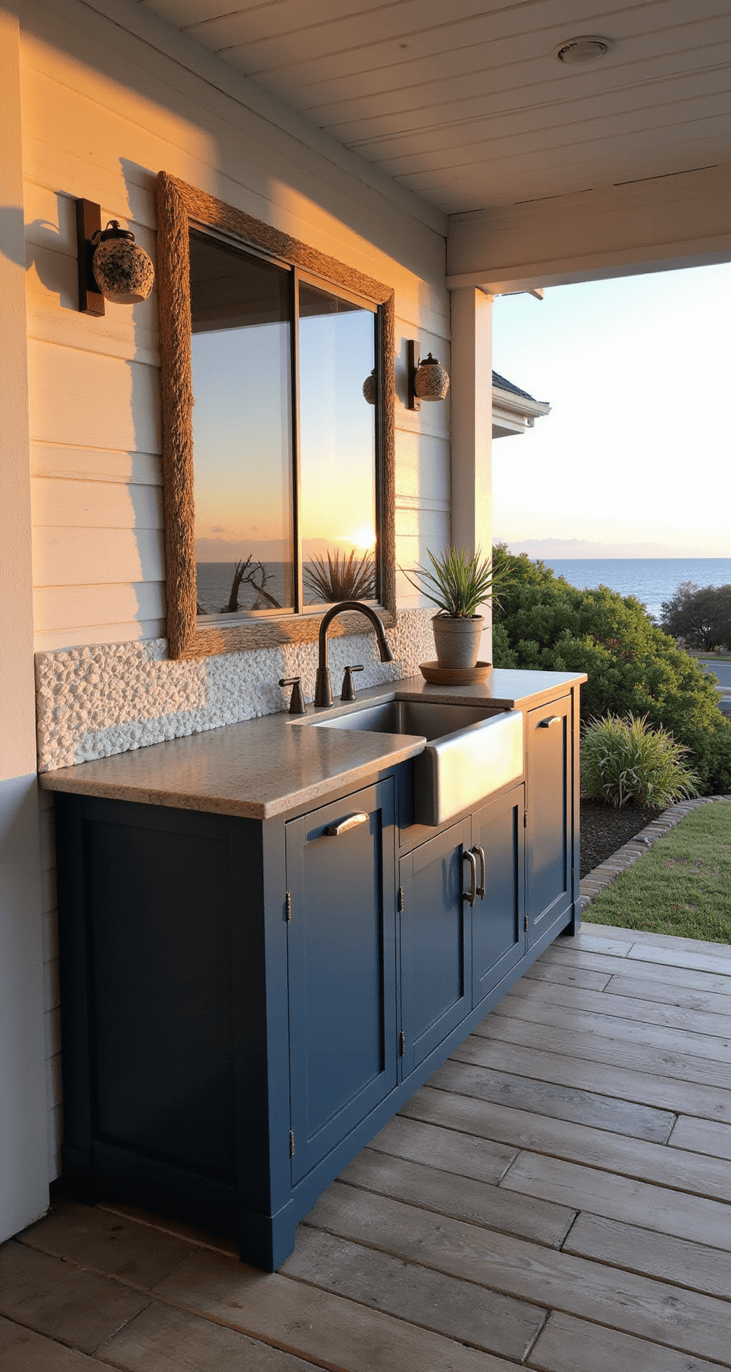 Outdoor Kitchen Sinks: Transform Your Backyard Cooking Space Coastal-inspired outdoor kitchen in a covered lanai during sunset, featuring a drop-in stainless steel double sink with a navy blue base cabinet, white shiplap walls, and driftwood-toned flooring. The image captures dramatic golden hour lighting and an ocean view, with a shell-textured backsplash, rope accents, and beach glass decor elements.