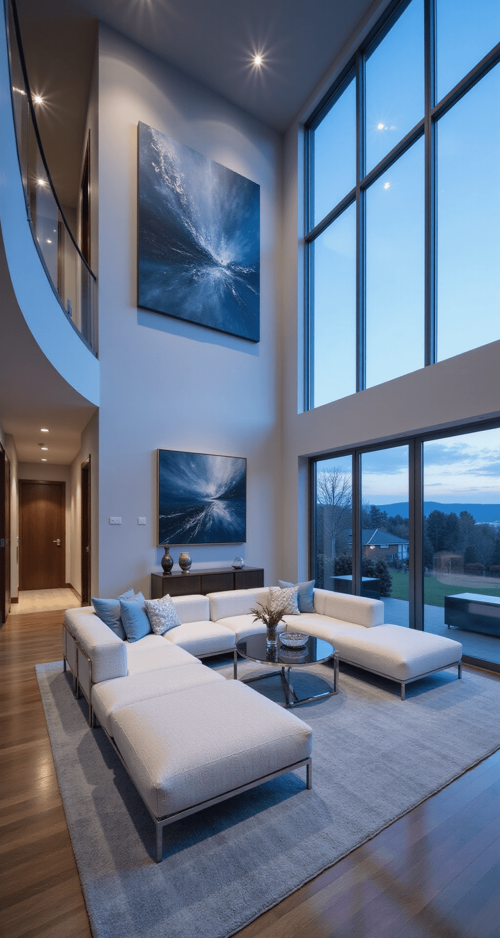 Light Blue Living Rooms: Your Ultimate Guide to Serene and Stylish Spaces Open-concept living area featuring double-height windows, pale blue-gray walls, and a modular white bouclé sectional. The scene is illuminated by twilight blue hour light, highlighting an oversized abstract canvas and geometric sculptures, with dramatic uplighting enhancing architectural elements.