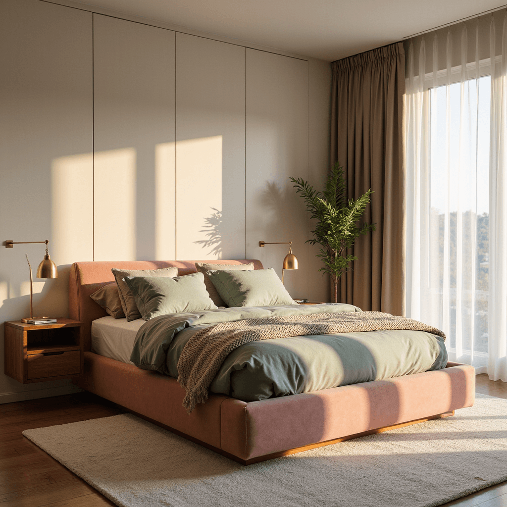 Small Bedroom Ideas for Couples: Maximizing Space with Style A cozy 12x14ft bedroom bathed in golden hour light, featuring a dusty rose velvet platform bed with built-in storage, walnut nightstands with brass lamps, and a modular cream wardrobe, all set against a backdrop of sheer white curtains and layered textures including an ivory rug and sage green bedding.
