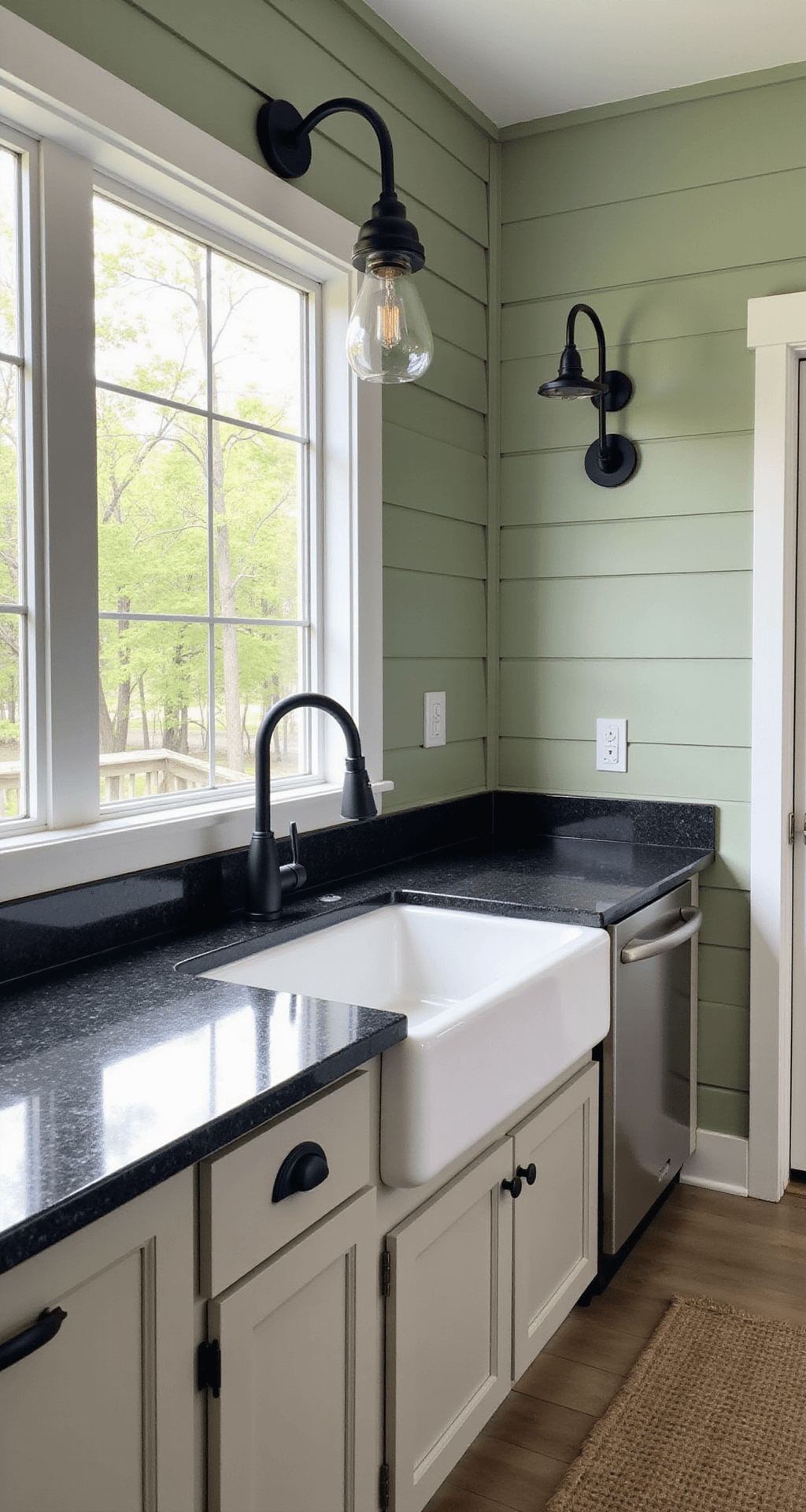 Outdoor Kitchen Sinks: Transform Your Backyard Cooking Space Modern farmhouse outdoor kitchen featuring a large white fireclay apron sink and dark granite counters, set in a 14x22ft screened porch with sage green planked walls, complemented by black matte fixtures and vintage-style pendant lighting, all illuminated by bright, even afternoon light.