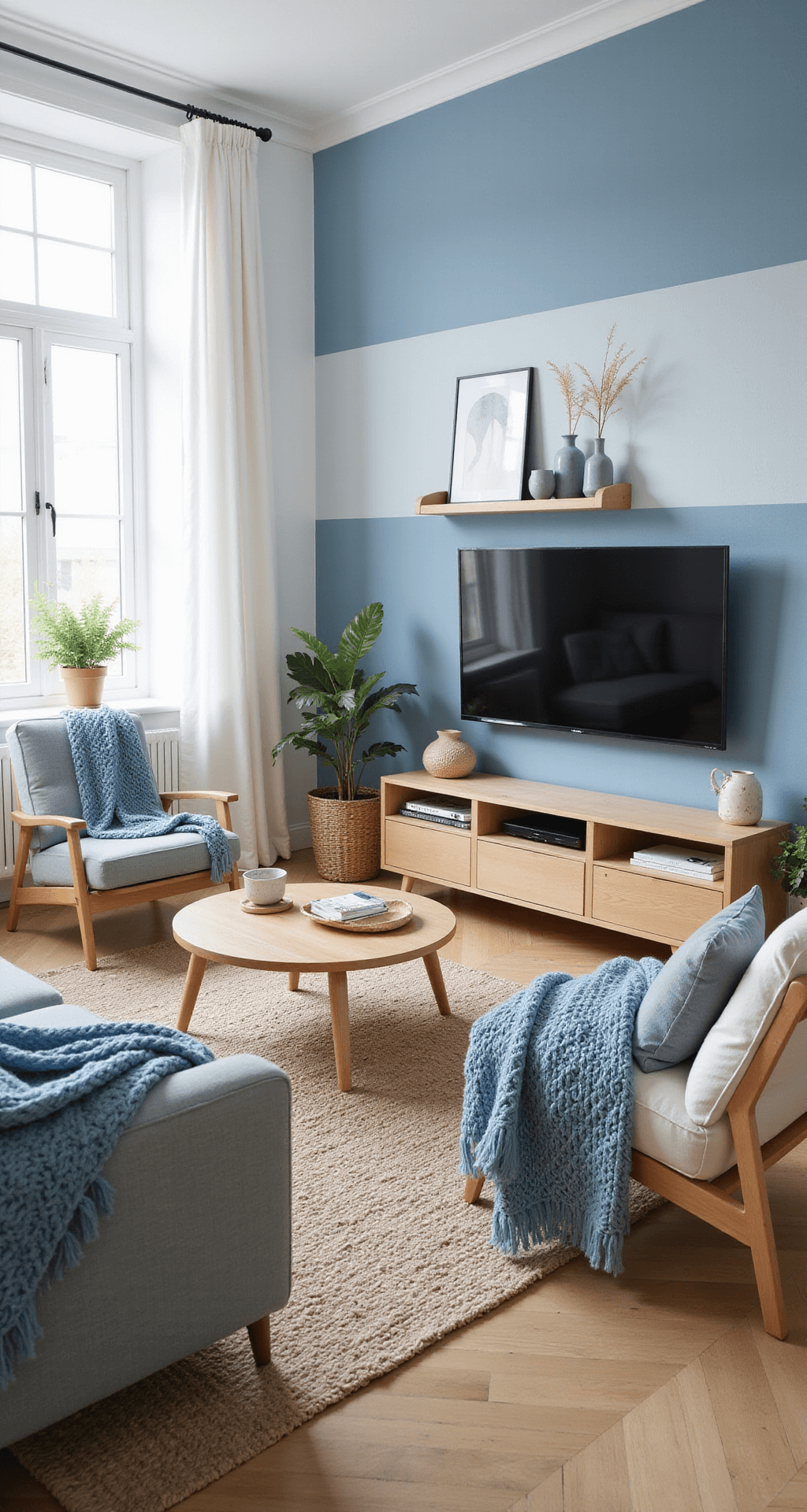 Light Blue Living Rooms: Your Ultimate Guide to Serene and Stylish Spaces A cozy Scandinavian-inspired living room featuring a light blue color-blocked wall, blonde wood furniture, and morning light filtering through white linen curtains. Decorated with chunky knit throws, ceramic vessels, and minimalist art, the space exudes warmth and comfort.