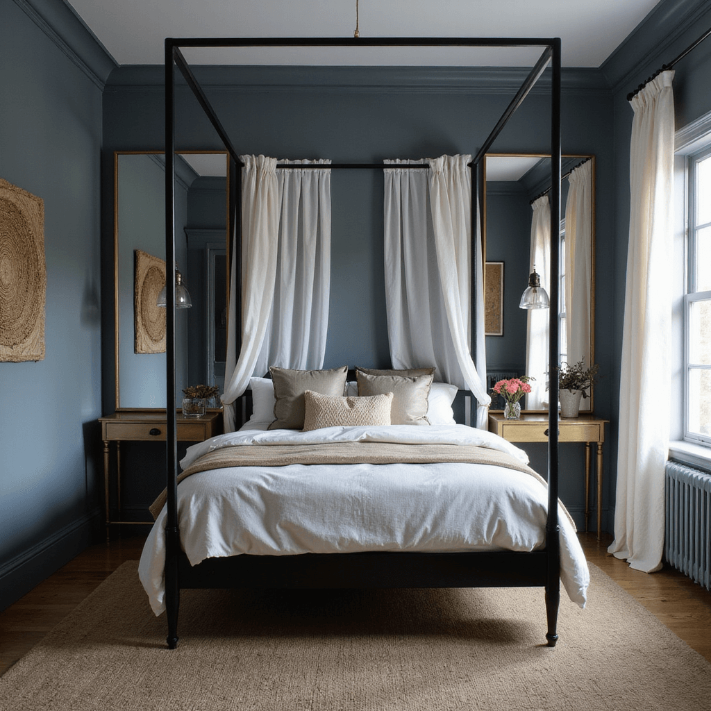 Small Bedroom Ideas for Couples: Maximizing Space with Style A dimly lit bedroom featuring a dramatic black metal canopy bed with white draped curtains, cool blue-gray walls, large mirrors, modern glass pendant lights, a brushed gold console table, and cozy textural elements like silk pillows and a vintage-inspired wool rug.