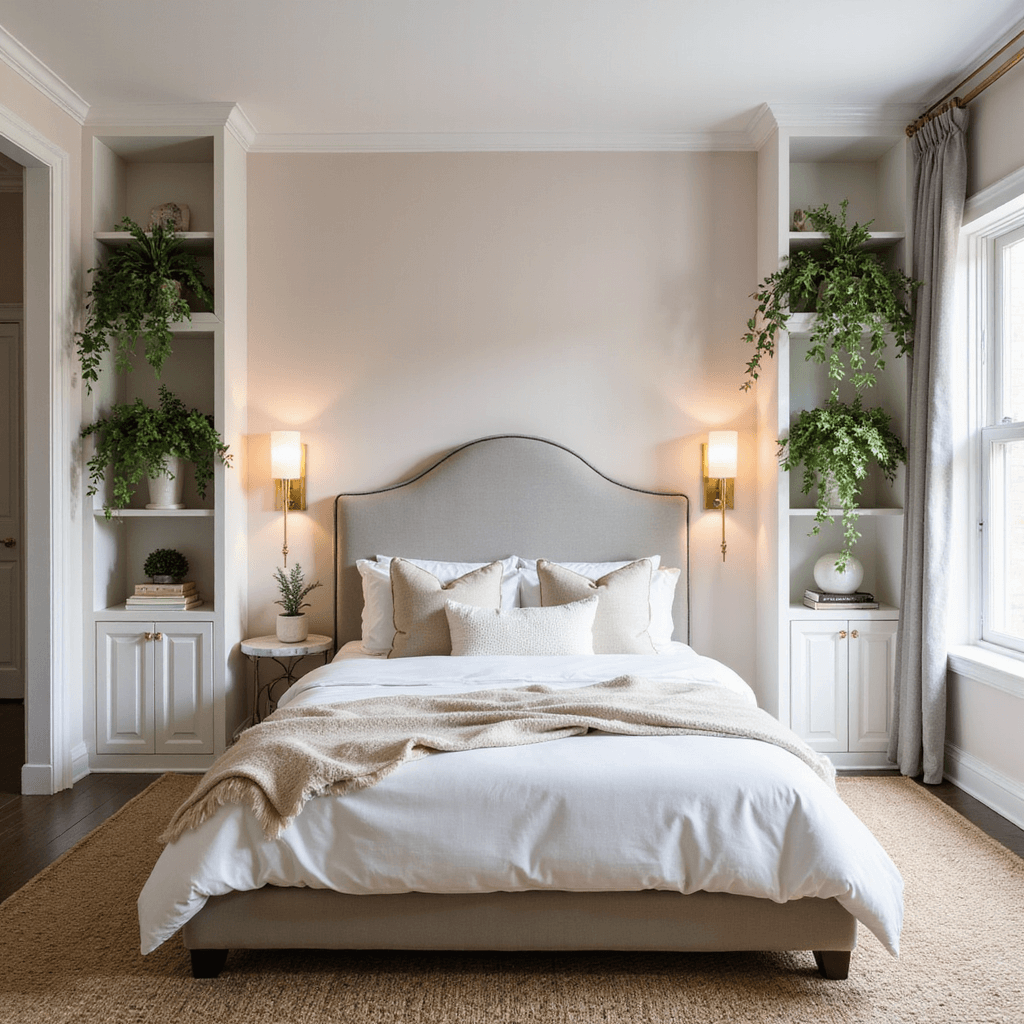 Small Bedroom Ideas for Couples: Maximizing Space with Style A bright mid-morning bedroom featuring floor-to-ceiling built-in storage, a curved pearl gray velvet headboard, floating shelves with trailing plants, twin brass sconces, pale blush walls, a round marble-topped side table, a handwoven jute rug, crisp white linens, and mohair accent pillows, all illuminated with natural light.