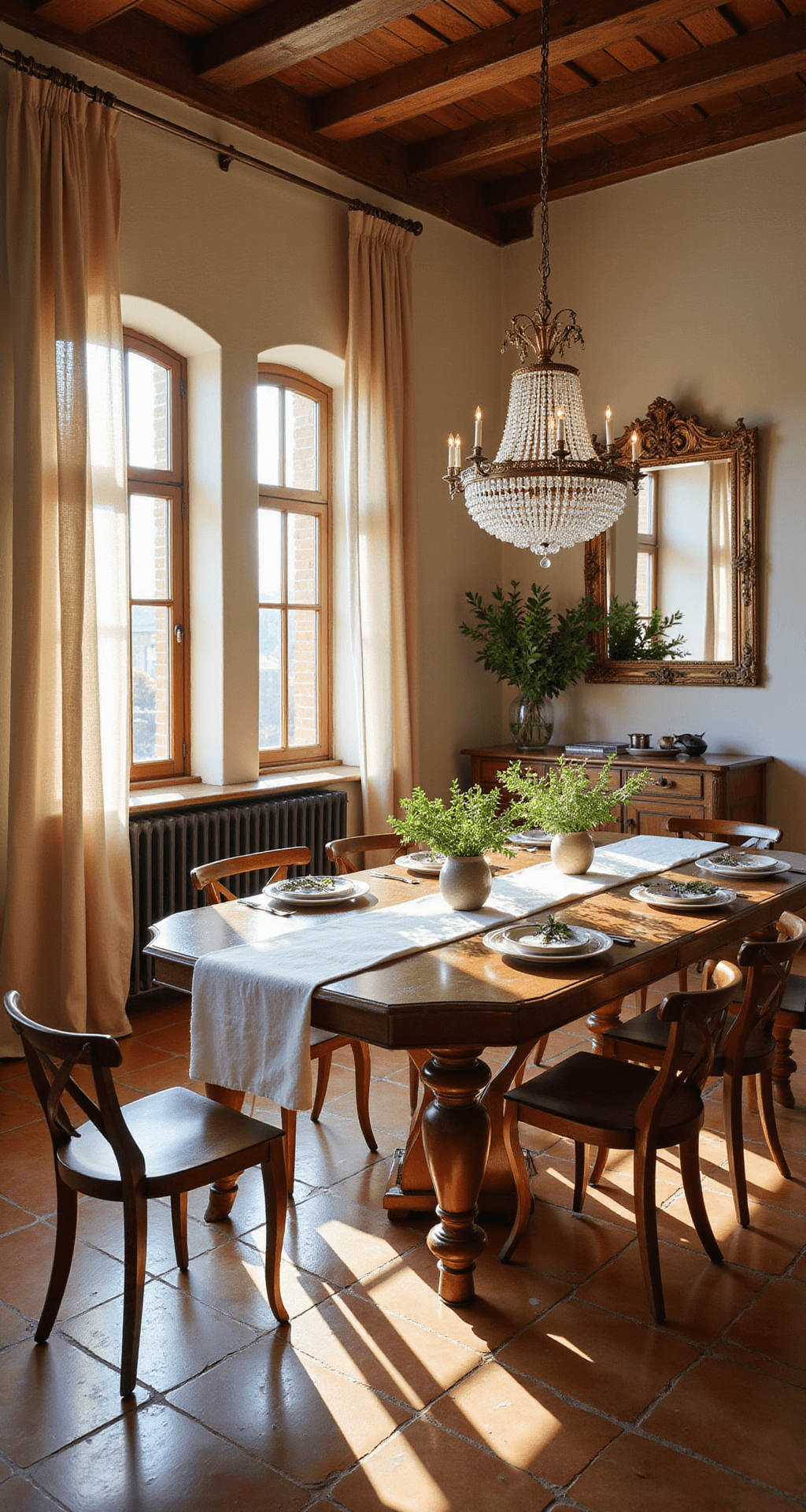 Italian Dining Room: Creating Timeless Elegance in Your Home A sunlit Italian dining room featuring a large walnut table, arched windows with sheer drapes, and a brass chandelier, with olive branches on the table and Venetian plaster walls.