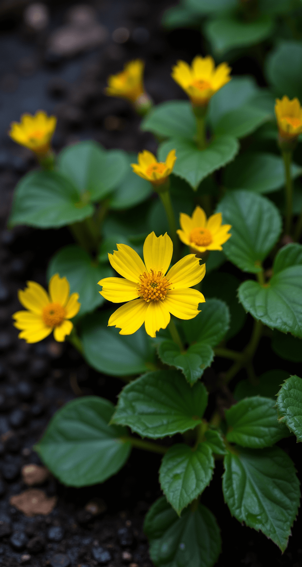 Yellow-Flowered Weeds: The Vibrant Invaders of Your Garden High-angle shot of a dense patch of glossy yellow creeping buttercup flowers in a shadowy, waterlogged garden corner, with visible water droplets on waxy leaves and extending runners, captured in soft natural light.