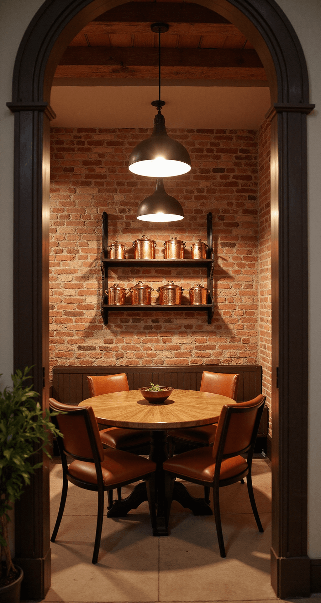 Italian Dining Room: Creating Timeless Elegance in Your Home Intimate rustic Italian dining space at dusk featuring exposed brick walls, a reclaimed oak round table with leather-backed chairs, and glowing oil-rubbed bronze pendant lights, viewed through an antique arch doorway.