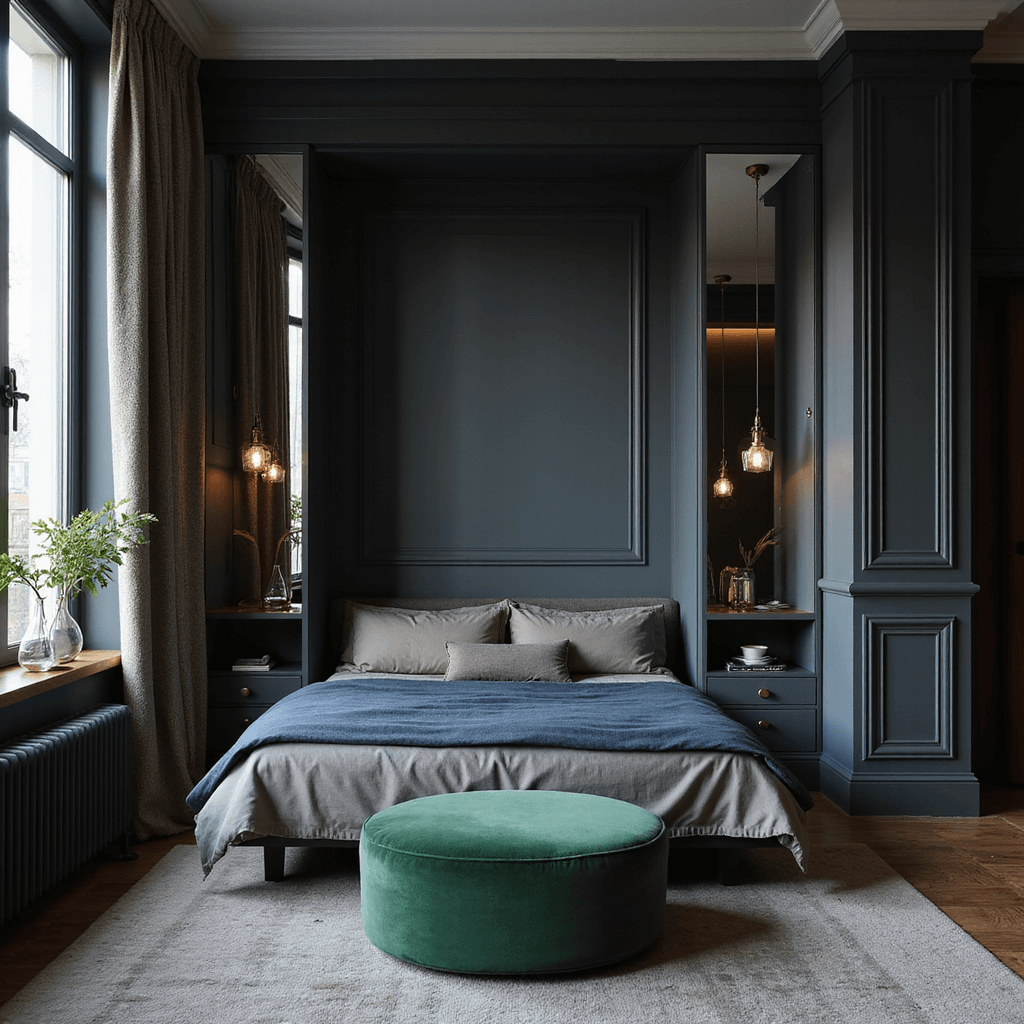 Small Bedroom Ideas for Couples: Maximizing Space with Style A cozy twilight bedroom featuring a custom navy murphy bed, gray walls, mirror-fronted wardrobes, an emerald green velvet ottoman, and rich textures like grasscloth wallpaper and silk drapery, all captured in moody lighting.