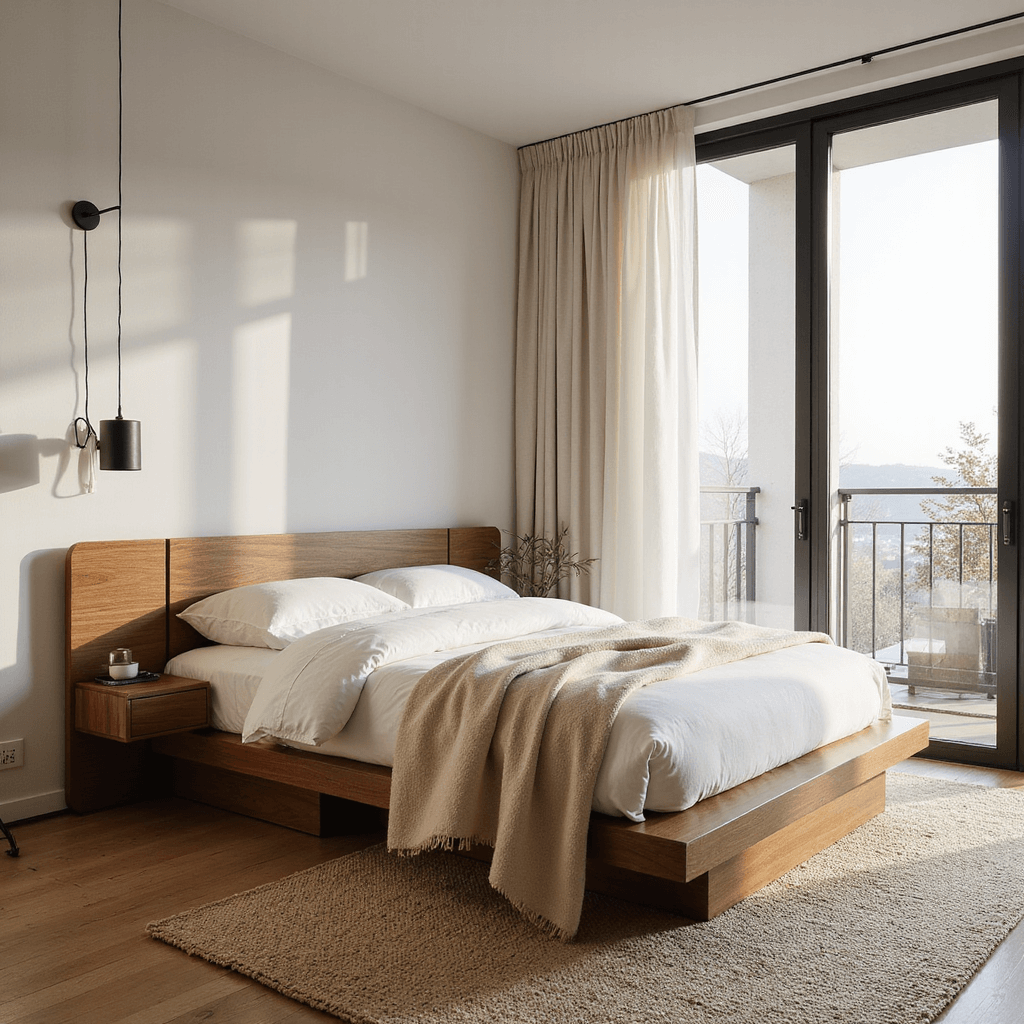 Small Bedroom Ideas for Couples: Maximizing Space with Style A serene bedroom featuring a low-profile platform bed with curved edges and integrated nightstands, flooded with morning light from floor-to-ceiling windows with sheer linen curtains, complemented by a geometric room divider, a handknotted wool rug, and layered cotton and linen bedding with a cream cashmere throw, creating an airy and peaceful atmosphere.