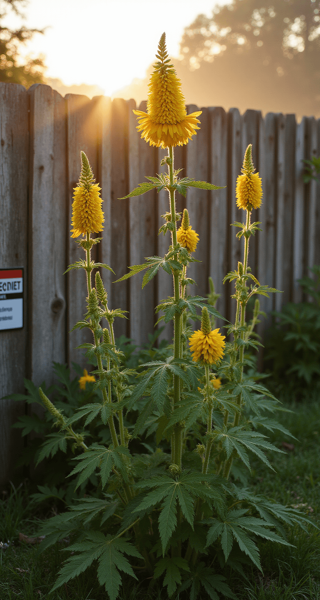 Yellow-Flowered Weeds: The Vibrant Invaders of Your Garden Dramatic image of tall wild parsnip plants with flat-topped yellow flower clusters against a weathered wooden fence, captured in golden hour lighting. The scene showcases serrated leaves and sharp structural details, with multiple plants adding depth and a warning sign visible in the background.