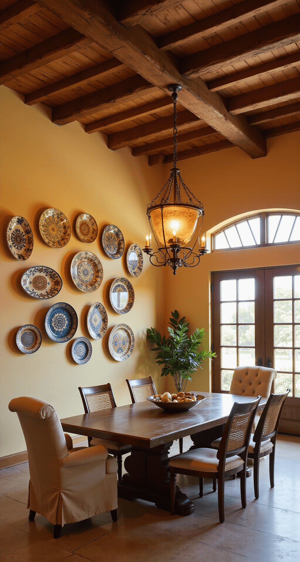 Italian Dining Room: Creating Timeless Elegance in Your Home A Mediterranean-inspired dining room at twilight featuring a double-height ceiling with exposed wooden beams, warm butter yellow stucco walls, and a chestnut brown farm table surrounded by mixed seating. An oversized iron chandelier with amber glass and wall-mounted majolica plates add character, captured from a corner showcasing the room's depth with mixed lighting.