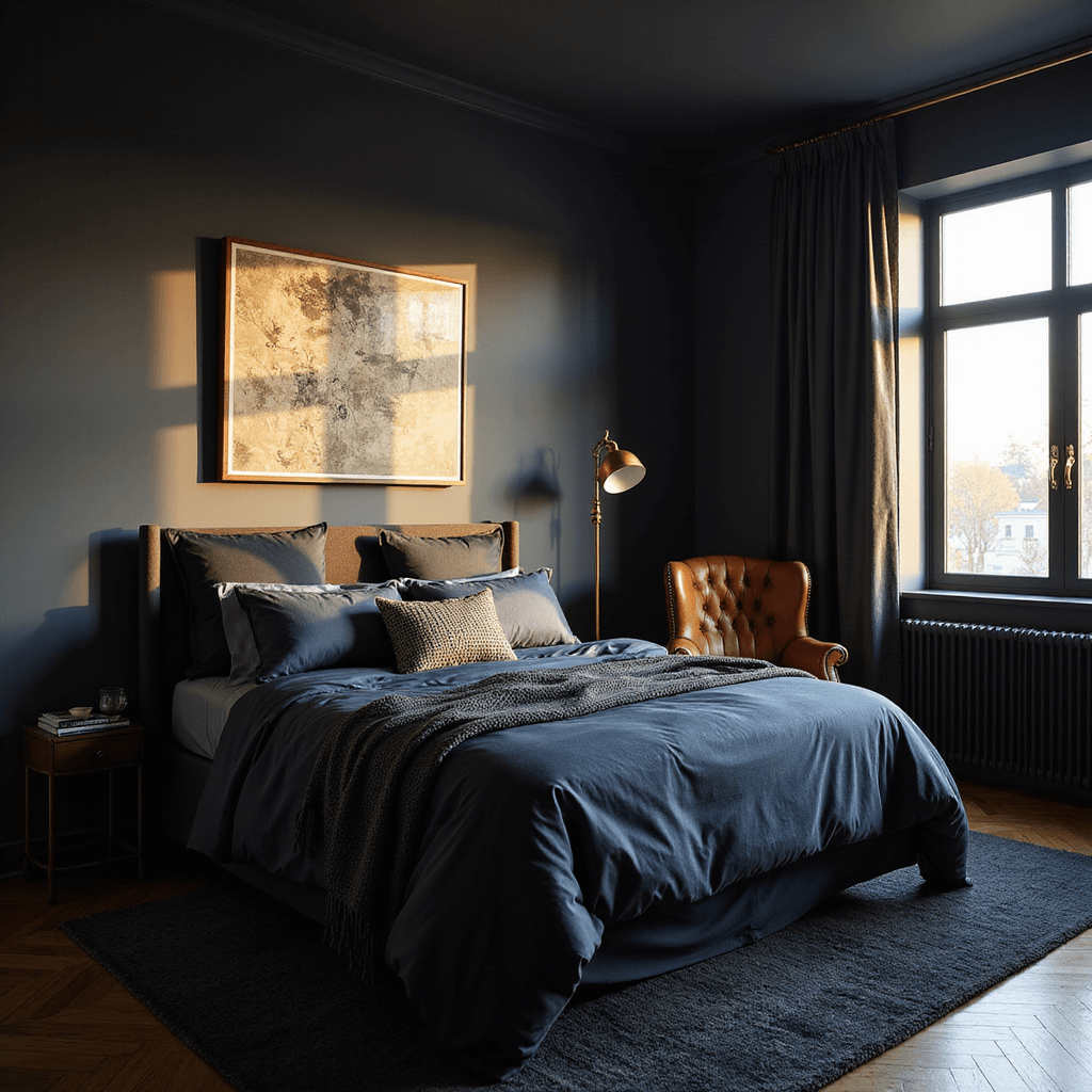 Dark Bedroom Ideas: Creating a Cozy, Dramatic Retreat A moody master bedroom featuring deep charcoal walls, a king-size bed with layered midnight blue and silver bedding, and sunlight filtering through sheer charcoal curtains, creating dramatic shadows. A cognac brown leather wingback chair and a vintage brass floor lamp add warmth, while a black-framed gallery wall showcases abstract art against herringbone hardwood floors and a plush charcoal area rug.