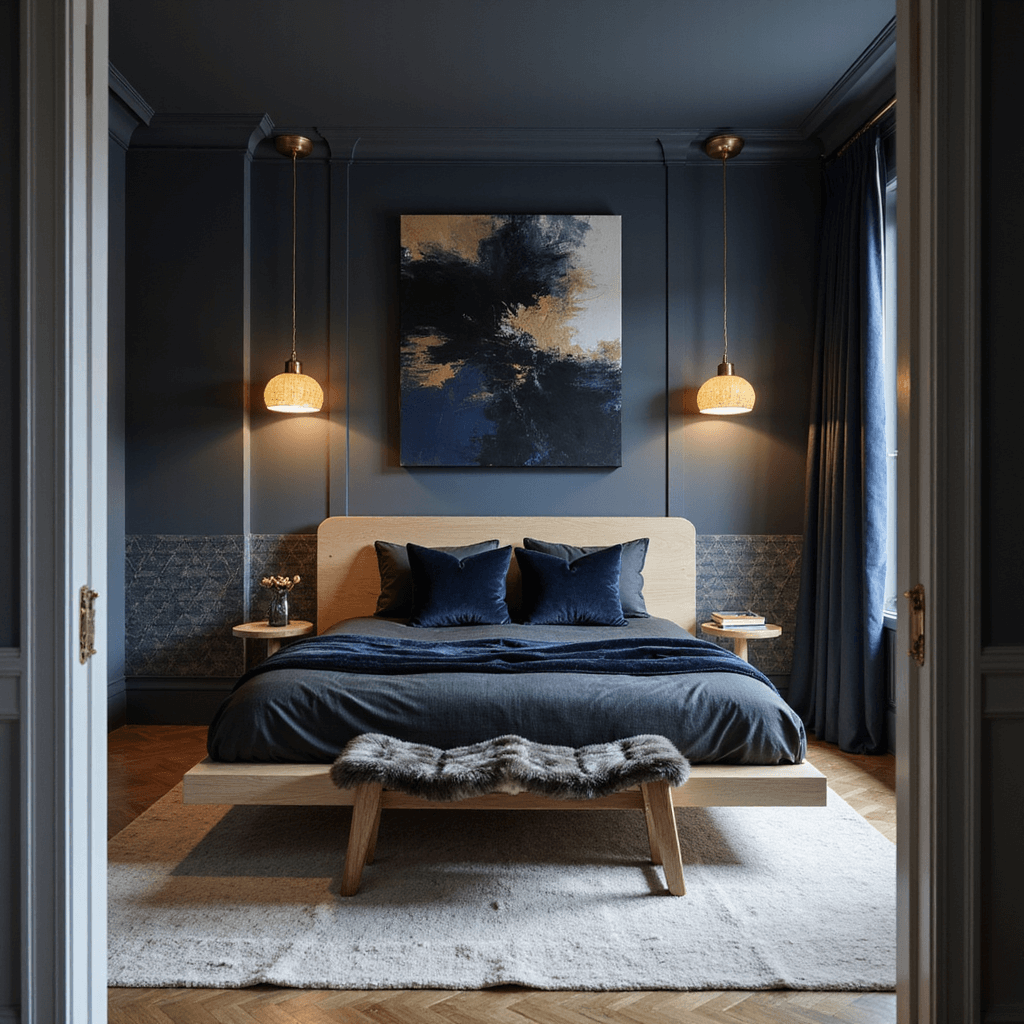 Dark Bedroom Ideas: Creating a Cozy, Dramatic Retreat A contemporary bedroom featuring dark navy walls, a floating bleached oak platform bed with midnight blue Mongolian fur pillows and matte black bedding, asymmetrical champagne gold pendants, and an oversized abstract canvas in navy, gold, and white, all softly illuminated at dusk.