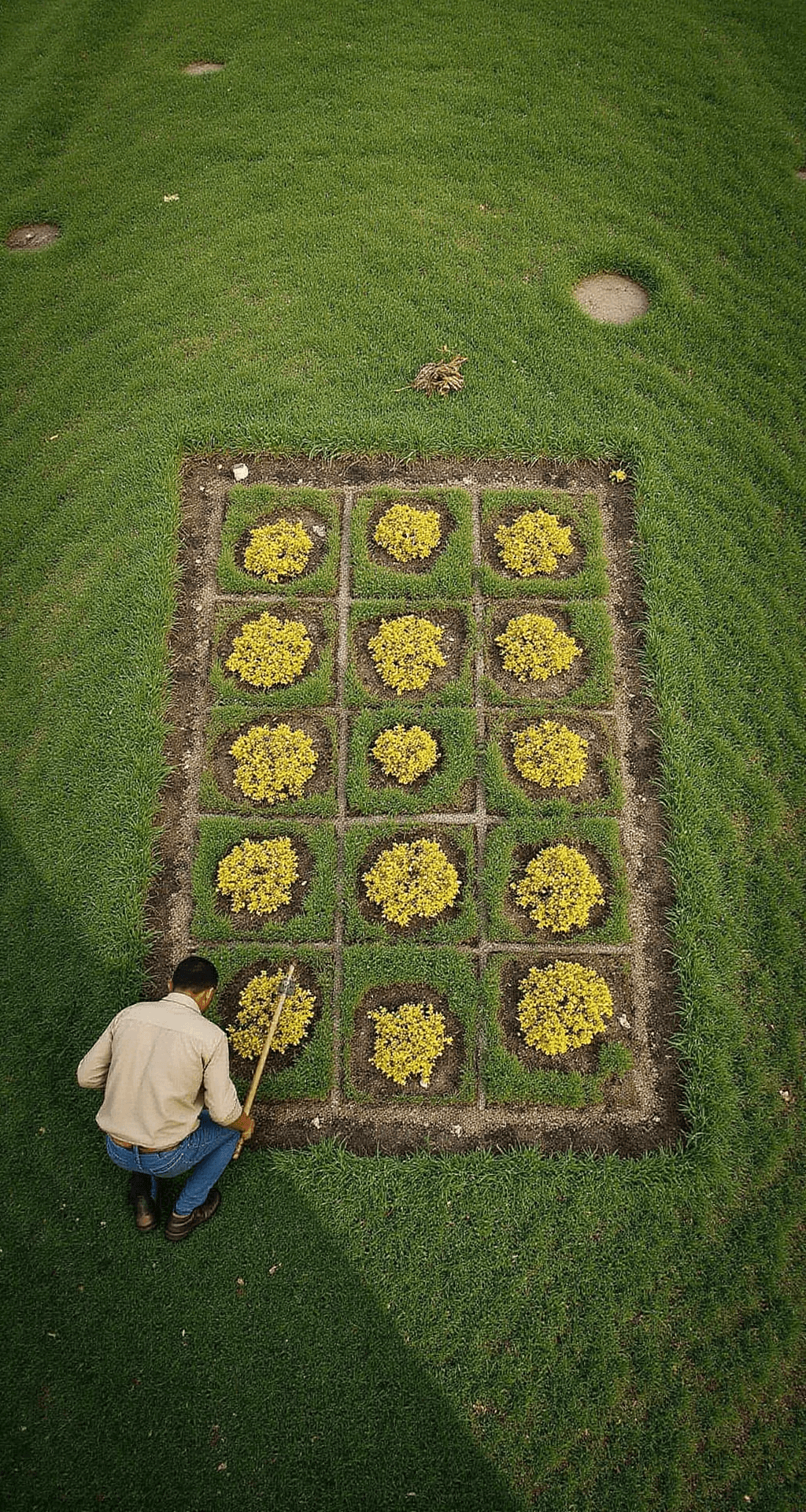 Yellow-Flowered Weeds: The Vibrant Invaders of Your Garden Bird's eye view of a systematic weed removal operation in a backyard, showing marked zones in a geometric pattern, highlighted yellow weed clusters, a visible grid system, and tools, all under early morning side-lighting.