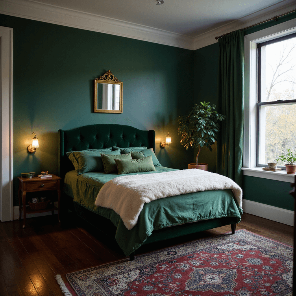 Dark Bedroom Ideas: Creating a Cozy, Dramatic Retreat Intimate twilight bedroom with forest green walls and white trim, featuring a queen bed with an emerald velvet headboard, hunter green linens, and ivory faux fur throws, antique brass mirror, potted fiddle leaf fig, dark hardwood floors, and a vintage Persian rug in jewel tones.