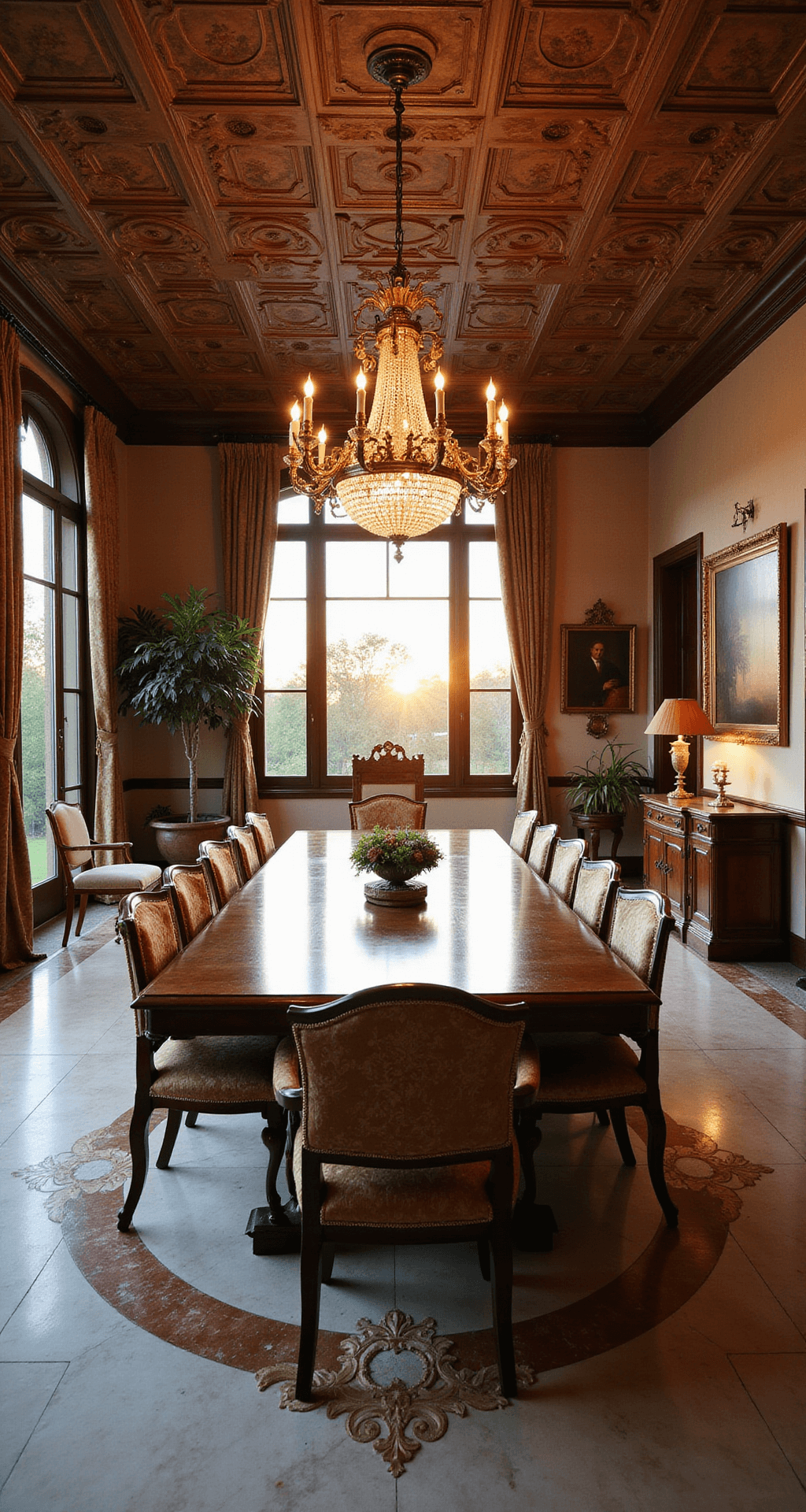 Italian Dining Room: Creating Timeless Elegance in Your Home A luxurious Italian villa dining room at sunset, featuring coffered ceilings, limestone floors, a dark walnut dining table for 12, damask chairs, arched windows, a crystal chandelier, and decorated walls with antique tapestry and oil paintings, all bathed in golden hour light.