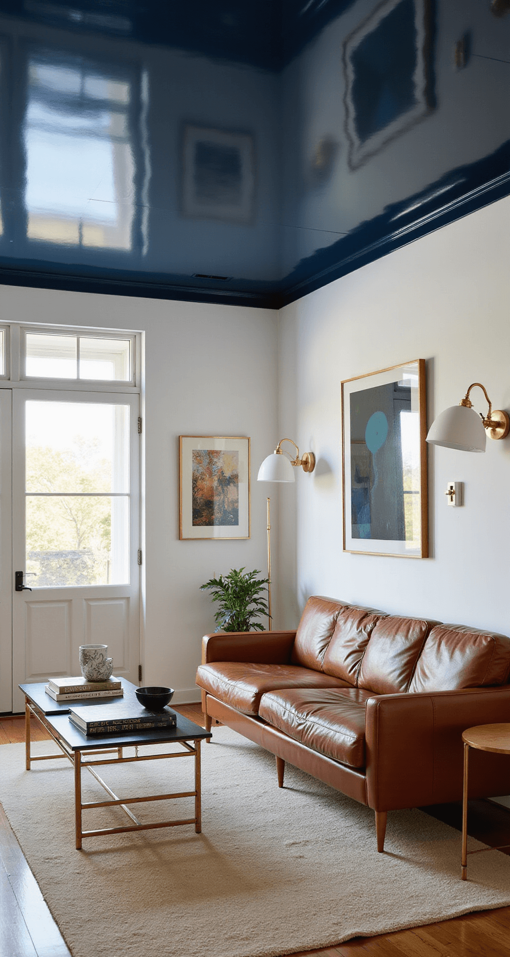 Accent Ceiling Ideas: Transform Your Fifth Wall into a Stunning Design Statement A modern living room with a striking navy blue high-gloss ceiling reflecting natural light, featuring mid-century modern furniture including a cognac leather sofa, brass accents, and a cream wool rug, styled coffee table, and indirect lighting from floor lamps.