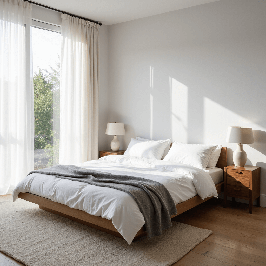 Simple Bedroom Ideas: Your Guide to Serene, Minimalist Spaces A tranquil minimalist bedroom featuring a low-profile oak bed with white bedding, floating walnut nightstands, and natural light streaming through sheer curtains, highlighting the calming decor and textures.