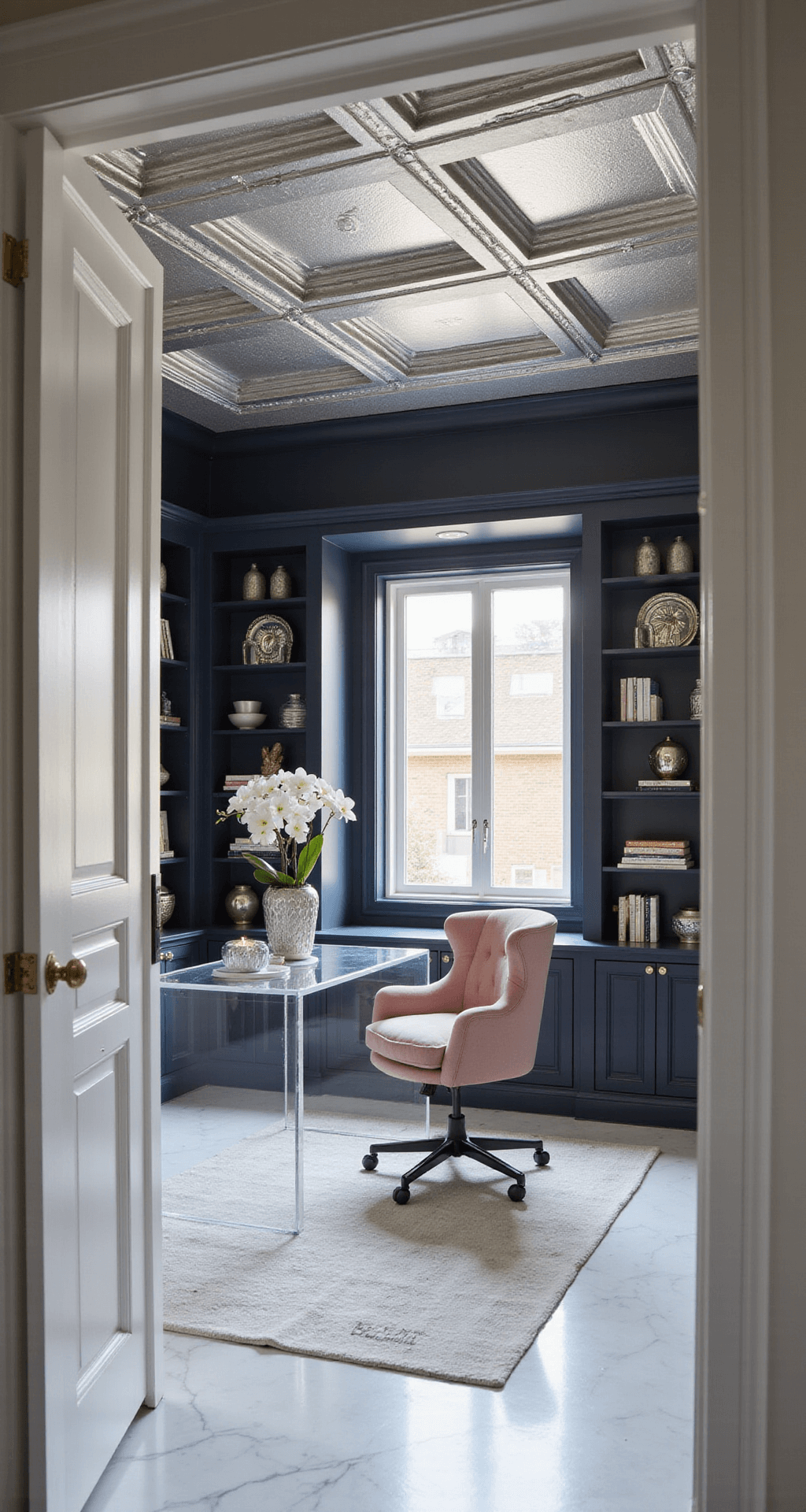 Accent Ceiling Ideas: Transform Your Fifth Wall into a Stunning Design Statement A luxurious home office featuring a metallic silver coffered ceiling with LED strip lighting, dark navy built-in bookshelves, an acrylic desk, and a blush pink velvet accent chair. The space is illuminated by mid-morning natural light and crystal sconces, with a white marble floor and geometric area rug, shot from the doorway to emphasize depth and the ceiling's reflective qualities.