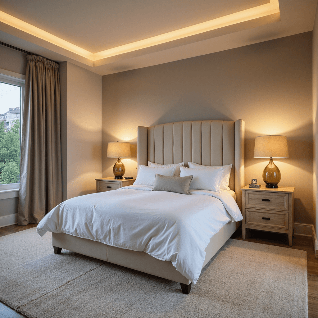 Simple Bedroom Ideas: Your Guide to Serene, Minimalist Spaces A luxurious primary bedroom at dusk with warm cove lighting and modern wall sconces, featuring a channeled upholstered vanilla velvet bed dressed in hotel-white Egyptian cotton sheets and a heavyweight linen duvet, complemented by bleached oak nightstands and smoky glass lamps, all surrounded by a cream wool area rug, captured from an elevated angle to emphasize layered lighting and architectural details.