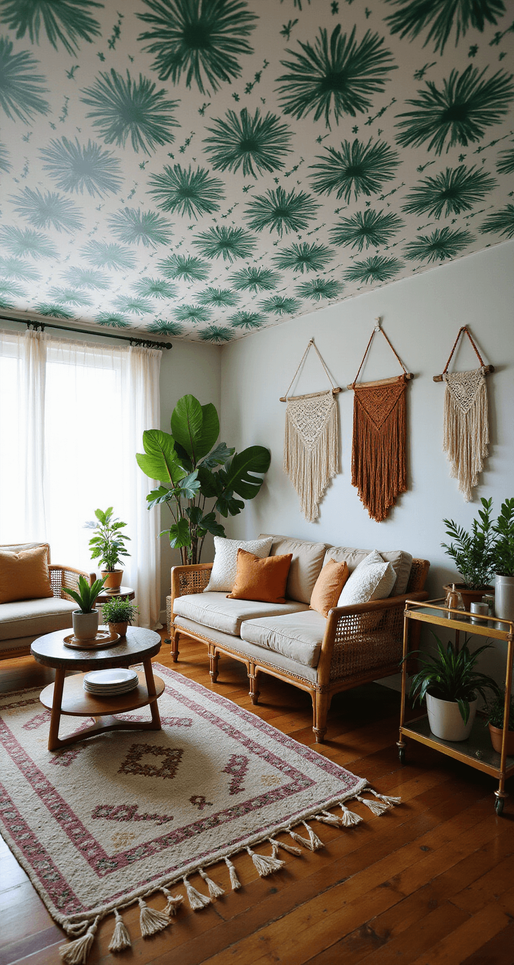 Accent Ceiling Ideas: Transform Your Fifth Wall into a Stunning Design Statement A bohemian living space featuring a tropical palm print ceiling in emerald green and white, illuminated by late morning light. The room includes rattan furniture, layered vintage rugs, and various indoor plants. Decorative macramé wall hangings and an array of earth-toned throw pillows add to the organic feel, alongside a styled bar cart with brass accents, all viewed from a low angle to emphasize the ceiling pattern.