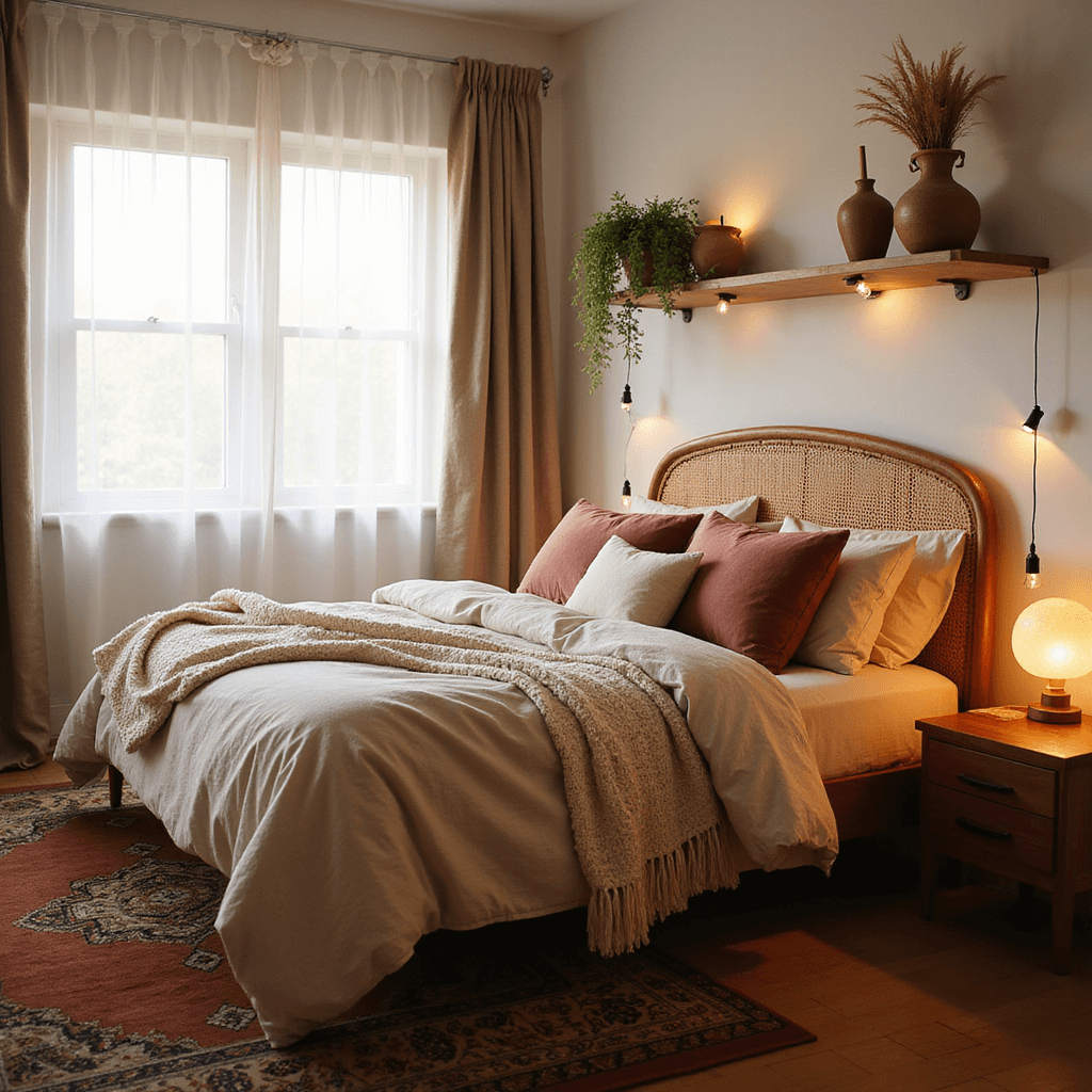Cozy Bedroom Ideas for Small Rooms: Your Ultimate Guide to Comfort in Compact Spaces A cozy 10x12ft bedroom illuminated by golden hour light, featuring a plush queen bed with rumpled oatmeal linen bedding, a chunky cream knit throw, and dusty rose velvet pillows. A floating wooden nightstand with a ceramic lamp and a vintage Persian rug in terracotta tones complete the scene, enhanced by string lights around a rattan headboard and a wall-mounted shelf with pampas grass in earthenware vases.