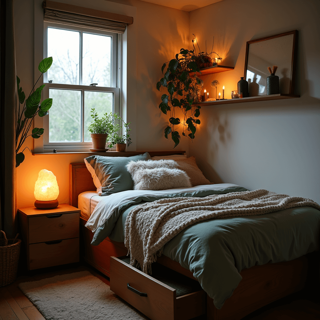 Cozy Bedroom Ideas for Small Rooms: Your Ultimate Guide to Comfort in Compact Spaces An 8x10ft intimate bedroom at dusk, featuring a twin bed with cloud-like sage green bedding and faux fur pillows, illuminated by a Himalayan salt lamp and fairy lights, with floating weathered brass shelves adorned with pothos plants and a vintage mirror enhancing the space.