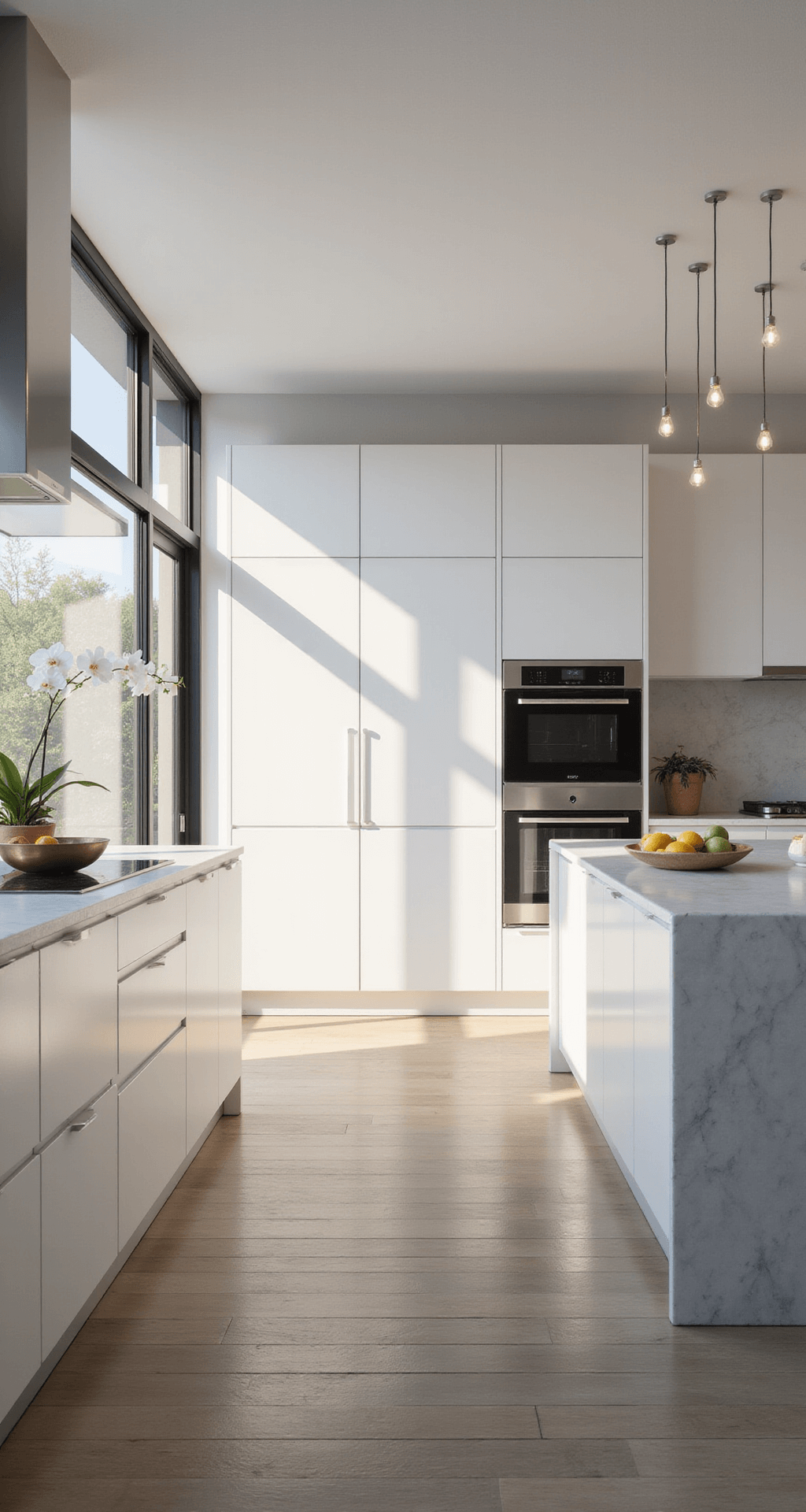 Kitchen Cabinet Styling: The Ultimate Guide to Creating Instagram-Worthy Spaces Spacious modern minimalist kitchen featuring handle-free white lacquered cabinets, a waterfall quartz island, and stainless steel appliances, illuminated by morning sunlight through floor-to-ceiling windows; decor includes a single white orchid and a geometric fruit bowl, creating a serene and sophisticated atmosphere.