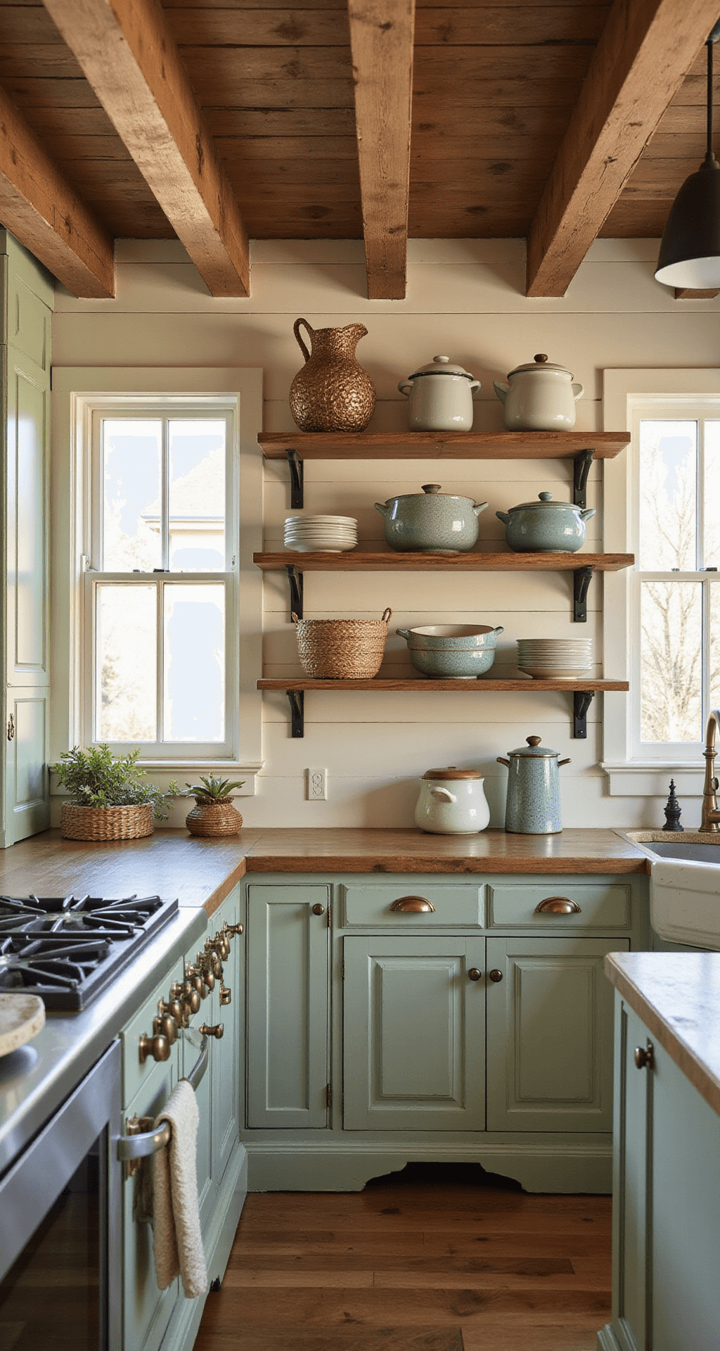 Kitchen Cabinet Styling: The Ultimate Guide to Creating Instagram-Worthy Spaces Wide-angle view of a rustic farmhouse kitchen featuring distressed sage-green lower cabinets, cream upper shelving with vintage pottery, a shiplap backsplash, and weathered brass hardware, all illuminated by warm golden hour light. Exposed wooden beams and decorative elements like woven baskets and enamelware enhance the nostalgic ambiance.