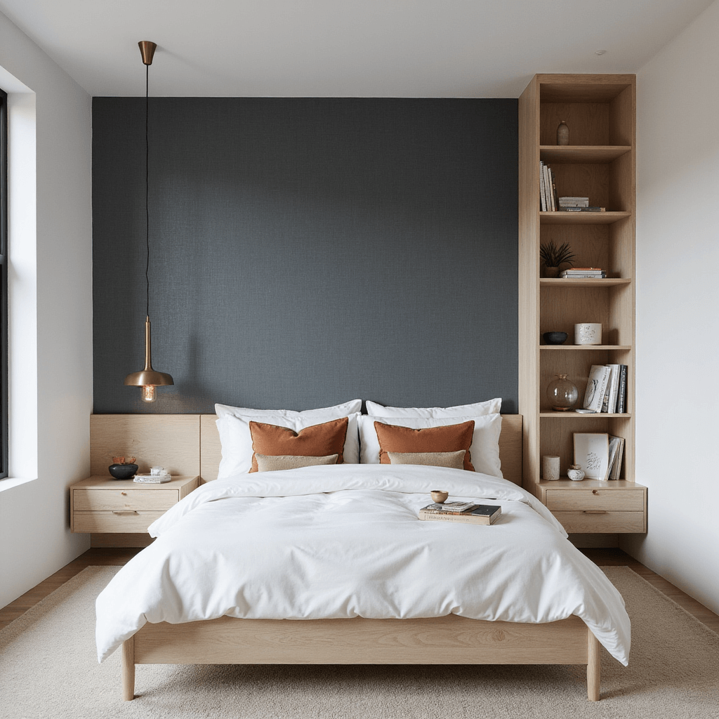 Cozy Bedroom Ideas for Small Rooms: Your Ultimate Guide to Comfort in Compact Spaces A minimalist bedroom featuring white walls and a navy grasscloth accent wall, designed from an elevated viewpoint. The platform bed has integrated storage and is adorned with white bedding and terracotta and beige pillows. A slim vertical bookcase displays curated items, while asymmetrical pendant lights with brass accents hang above. The scene emphasizes geometric lines and negative space in soft morning light.