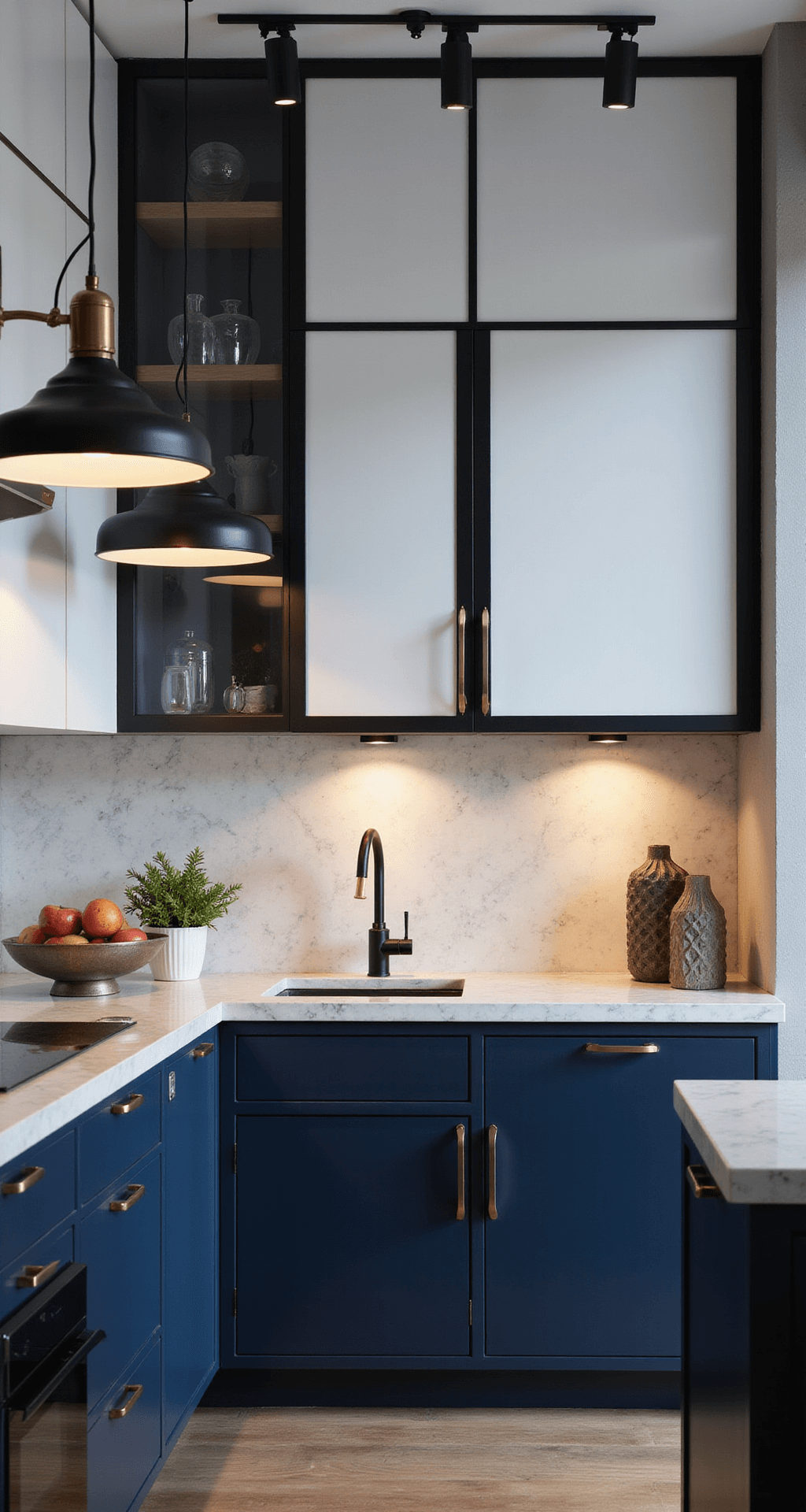Kitchen Cabinet Styling: The Ultimate Guide to Creating Instagram-Worthy Spaces Dynamic 45-degree angle shot of a contemporary kitchen featuring navy blue lower cabinets, white upper cabinets with black steel frames, dramatic pendant lighting, a marble backsplash, and mixed metal hardware, styled with geometric vases and sculptural fruits, all illuminated by moody artificial lighting at dusk.