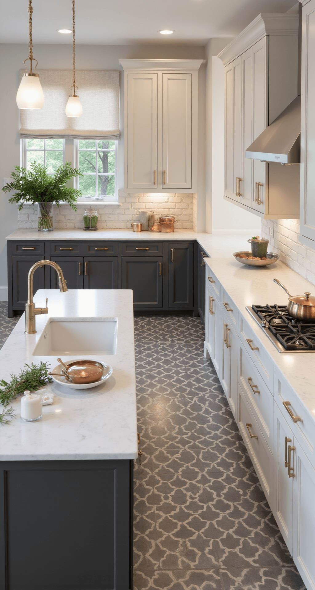 Kitchen Cabinet Styling: The Ultimate Guide to Creating Instagram-Worthy Spaces Bird's eye view of a transitional kitchen featuring a charcoal gray island and cream perimeter cabinets with champagne gold hardware, showcasing geometric flooring, marble countertops, copper cookware, and fresh herbs, illuminated by bright natural light and under-cabinet lighting.