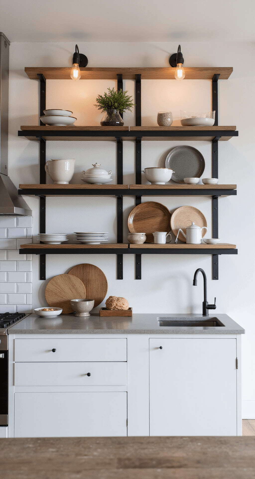 Kitchen Cabinet Styling: The Ultimate Guide to Creating Instagram-Worthy Spaces An eye-level view of a 13x15ft industrial-modern kitchen featuring white lower cabinets and black metal open shelving filled with ceramics and glassware, illuminated by warm Edison bulb sconces and natural light, with concrete countertops and a casual sophisticated ambiance.