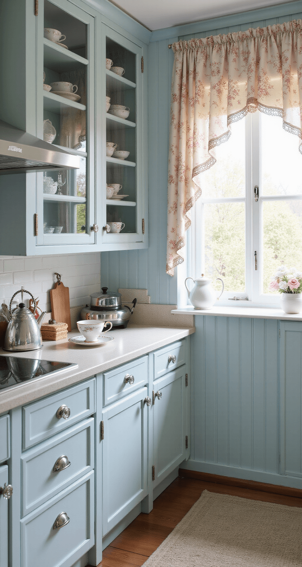 Kitchen Cabinet Styling: The Ultimate Guide to Creating Instagram-Worthy Spaces A cozy vintage cottage kitchen with pale blue beadboard cabinets, glass-front doors, and crystal knobs, featuring an antique china collection. Scalloped trim and floral curtains enhance the charm. The color palette includes robin's egg blue, antique white, silver, and soft pink accents, all bathed in filtered natural light for a romantic, nostalgic mood.