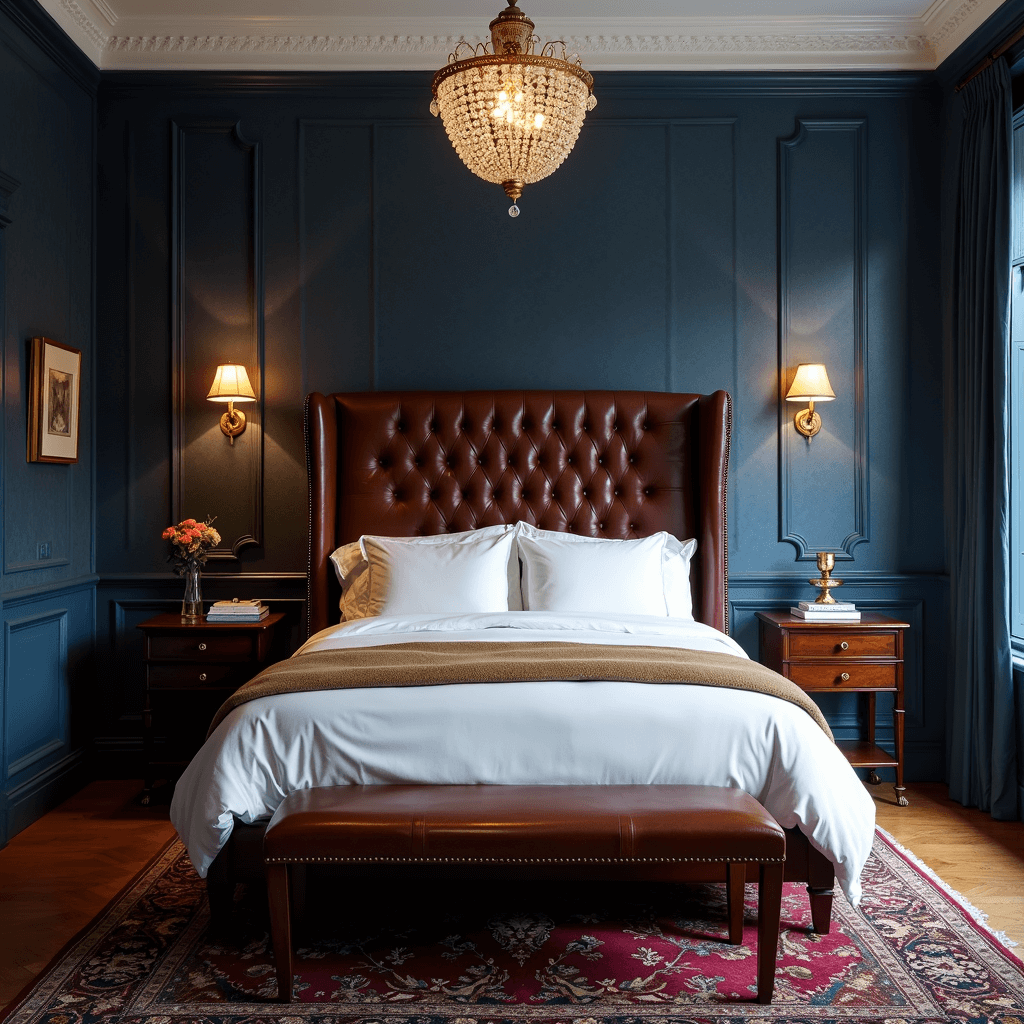 Male Bedroom Ideas: How to Design a Space That Screams "Cool" Without Trying Too Hard A classic gentleman's bedroom featuring rich navy grasscloth wallpaper, a tufted leather wingback headboard with white Egyptian cotton and camel cashmere throws, antique mahogany nightstands with brass library sconces, a deep burgundy Persian rug, and a crystal chandelier, all captured in warm artificial light during blue hour.