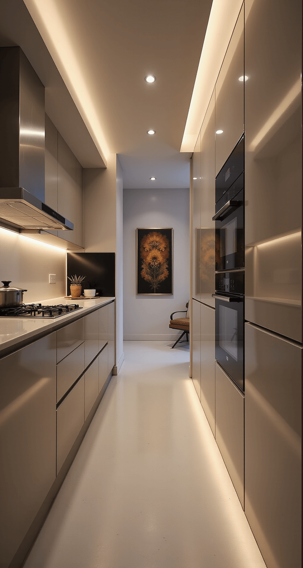 Kitchen Cabinet Styling: The Ultimate Guide to Creating Instagram-Worthy Spaces A low-angle view of an ultra-modern minimalist kitchen at twilight, featuring high-gloss greige cabinets with integrated LED lighting, tall ceilings, and hidden storage, highlighting vertical lines. An oversized art piece serves as a focal point, complemented by a warm greige and soft white color palette, with ambient architectural LED lighting creating a futuristic elegance.