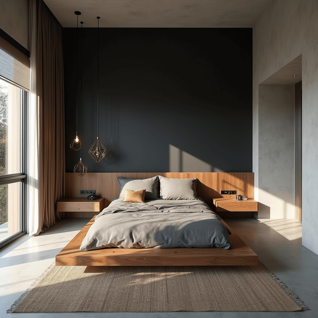 Male Bedroom Ideas: How to Design a Space That Screams "Cool" Without Trying Too Hard Dramatic high-angle view of a contemporary masculine bedroom featuring a matte black accent wall, bleached oak California king platform bed, geometric pendant light, and textured wool area rug, illuminated by natural daylight through floor-to-ceiling windows.