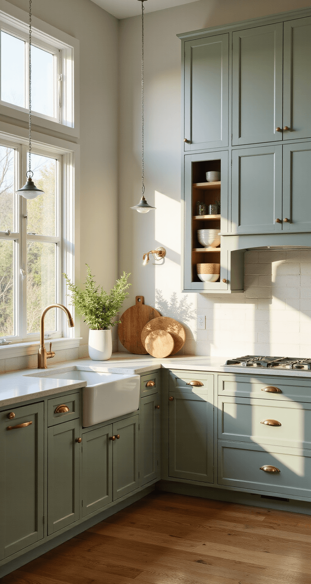 Green Kitchen Cabinets: Transforming Your Space with Nature's Most Versatile Color in 2025 A contemporary kitchen featuring sage green custom cabinets, white quartz countertops, and brass hardware, illuminated by morning light streaming through floor-to-ceiling windows, with a central island and honey oak hardwood floors, styled with ceramic vessels and fresh herbs.