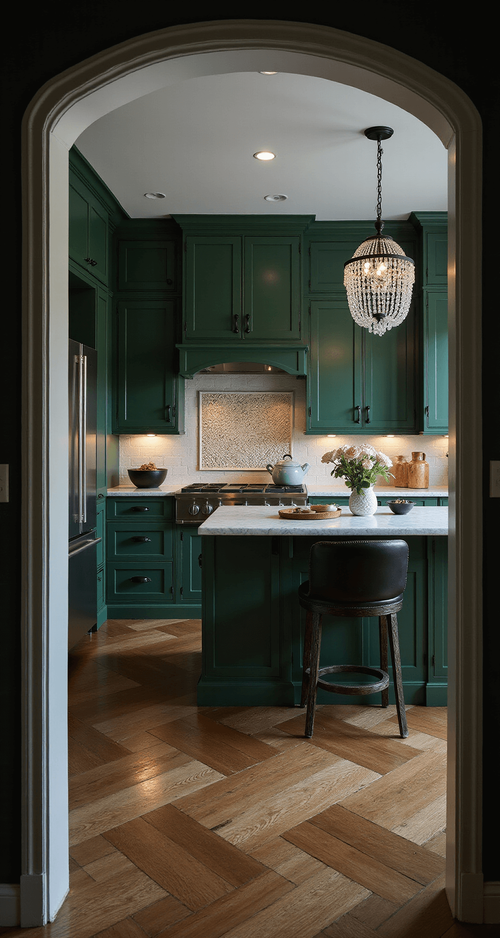 Green Kitchen Cabinets: Transforming Your Space with Nature's Most Versatile Color in 2025 A moody, dramatic kitchen with emerald green cabinets, a crystal chandelier, and a marble-topped island, featuring black iron hardware and stainless steel appliances, herringbone wood floors, art deco elements, and reflections in glossy finishes, captured from the entrance archway.