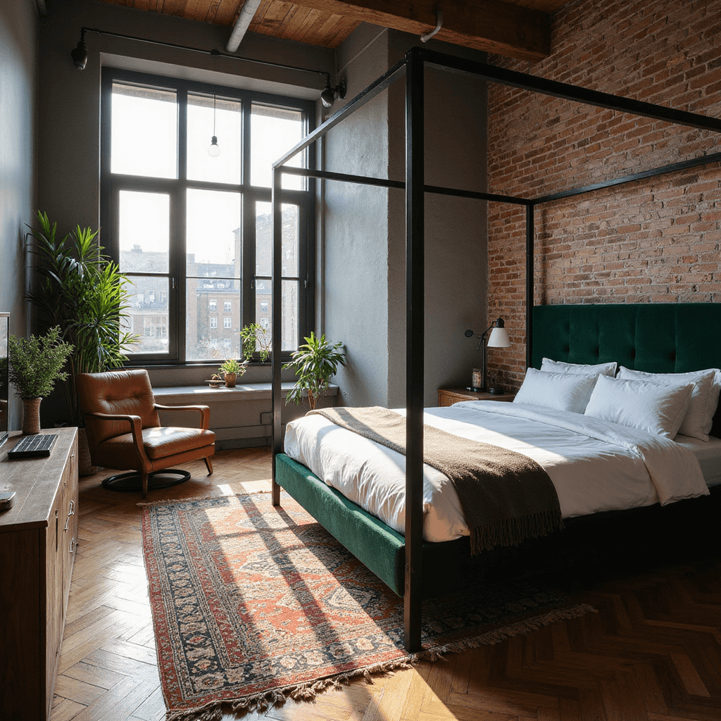Male Bedroom Ideas: How to Design a Space That Screams "Cool" Without Trying Too Hard An overhead view of an industrial-modern bedroom featuring herringbone hardwood floors, a dark green velvet upholstered bed with a black metal canopy, a vintage leather sling chair in a reading nook, blackened steel and glass pendant lights, and layered rugs, all illuminated by morning light.