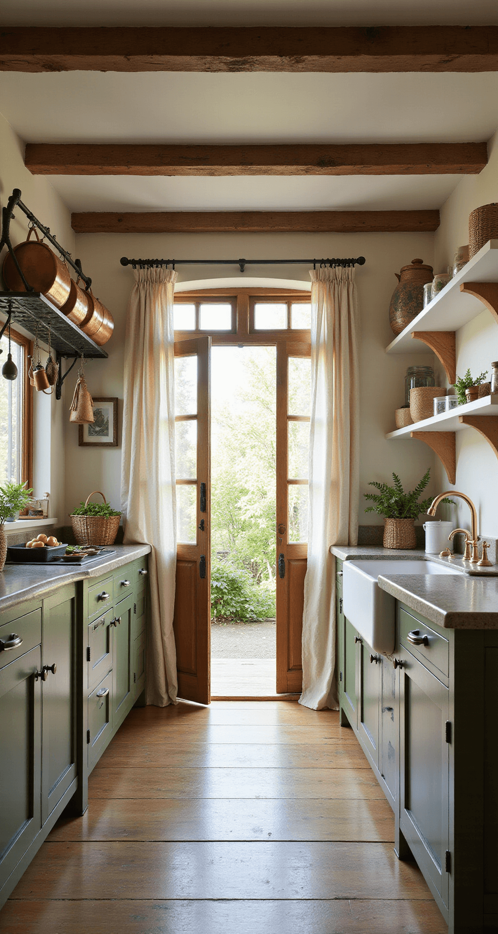 Green Kitchen Cabinets: Transforming Your Space with Nature's Most Versatile Color in 2025 A cozy farmhouse kitchen featuring olive green lower cabinets, white upper shelving, and a farmhouse sink, illuminated by late afternoon sunlight filtering through cafe curtains. The room includes exposed wooden beams, soapstone counters, a rustic rack with hanging copper pots, vintage ceramics, woven baskets, and fresh produce, with a Dutch door leading to the garden.