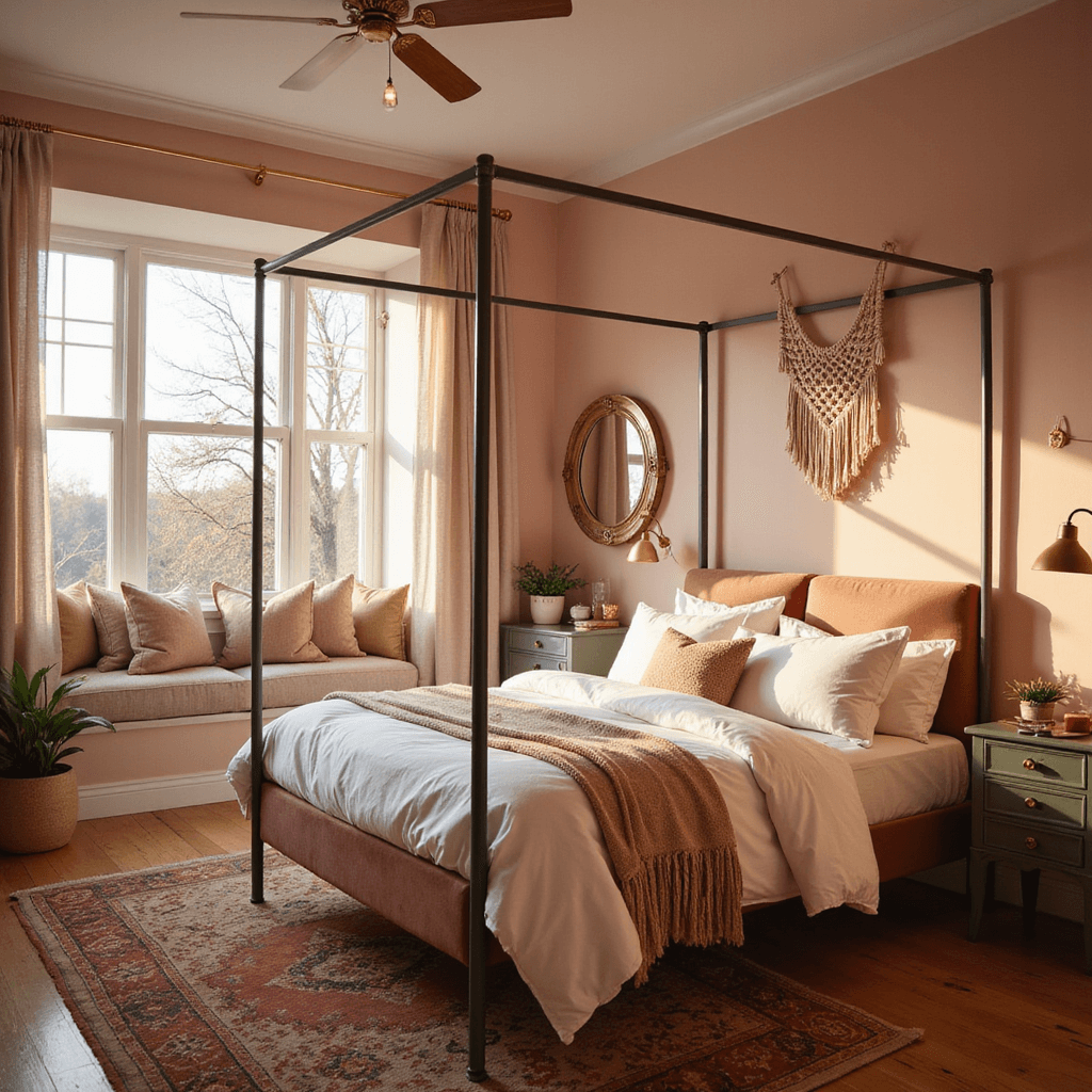 Teen Girl Bedroom Ideas: Creating the Perfect Personal Sanctuary A cozy teen bedroom bathed in golden hour light, featuring a modern metal canopy bed with blush velvet and white sateen bedding, a macramé wall hanging, and a window seat filled with textured pillows. The room has warm brass accents, including a statement vanity mirror, and warm LED strips illuminating pale pink walls, with a vintage-inspired terra cotta rug anchoring the space.
