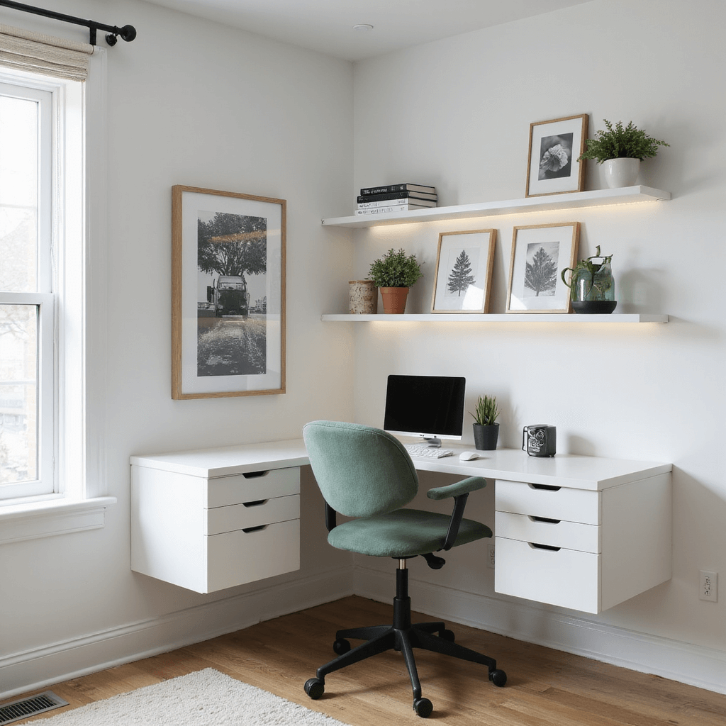 Teen Girl Bedroom Ideas: Creating the Perfect Personal Sanctuary Contemporary minimalist teen study nook in an 8x10ft alcove featuring a built-in matte white floating desk, sage green velvet ergonomic chair, and a curated gallery wall with black and white photos in brass frames, illuminated by integrated LED strip lighting under floating shelves.