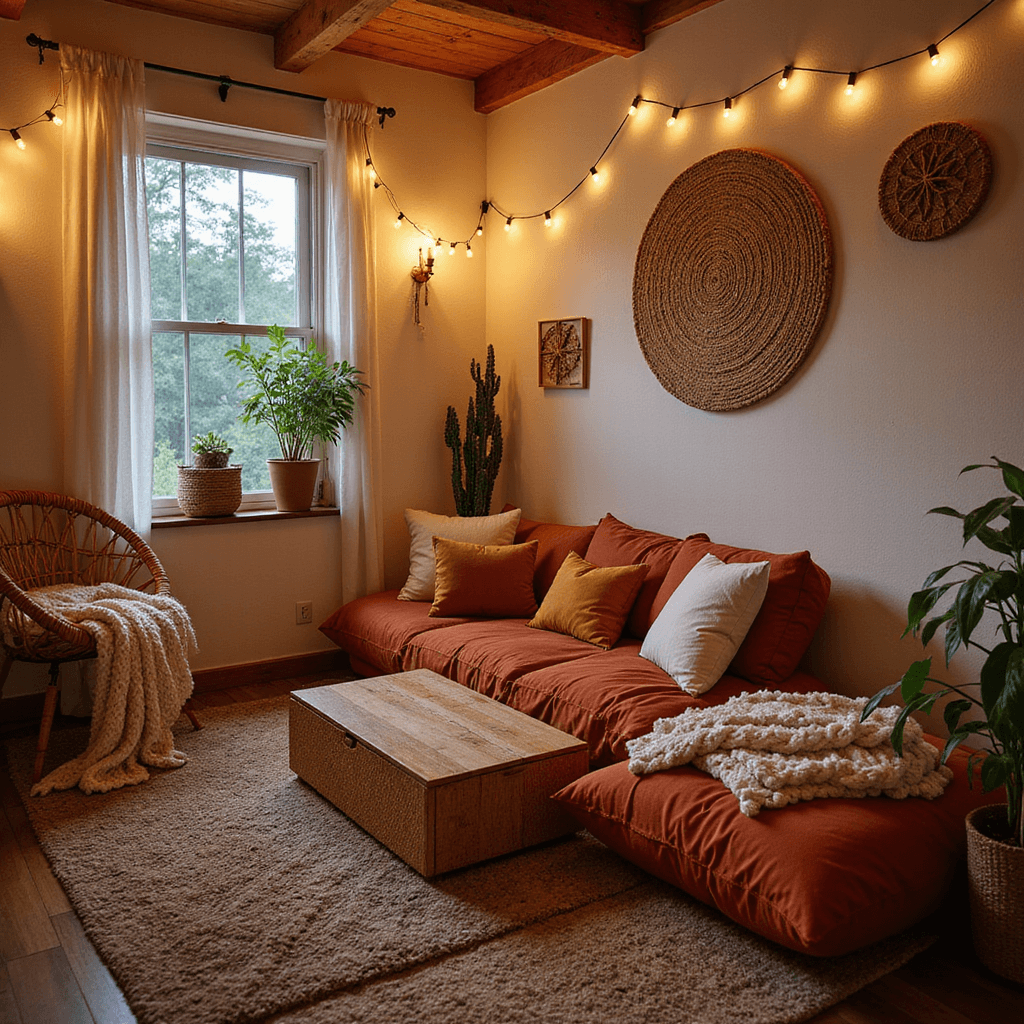 Teen Girl Bedroom Ideas: Creating the Perfect Personal Sanctuary Boho-inspired corner hangout space at dusk with oversized floor cushions in rust, ochre, and cream, a low rattan coffee table, and a hanging rattan chair draped with a chunky knit throw. Warm puck lights and whimsical fairy lights create an intimate atmosphere, highlighting rich jewel tones against cream walls with organic woven wall art.