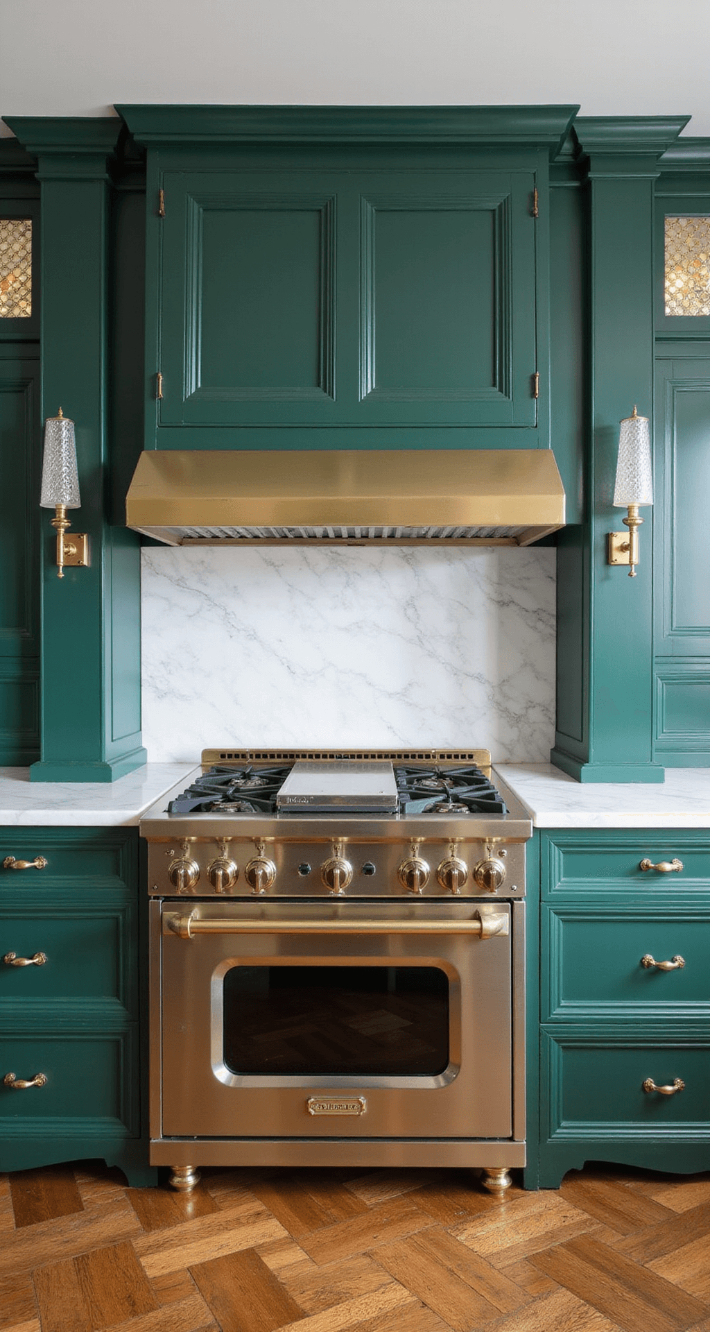 Green Kitchen Cabinets: Transforming Your Space with Nature's Most Versatile Color in 2025 Sophisticated kitchen featuring hunter green high-gloss cabinets, crystal sconces, brass range hood, white marble backsplash extending to the ceiling, classic parquet flooring, and traditional inset cabinet doors with antique mirror accents, captured from an elevated perspective to highlight elegant proportions and luxurious finishes.