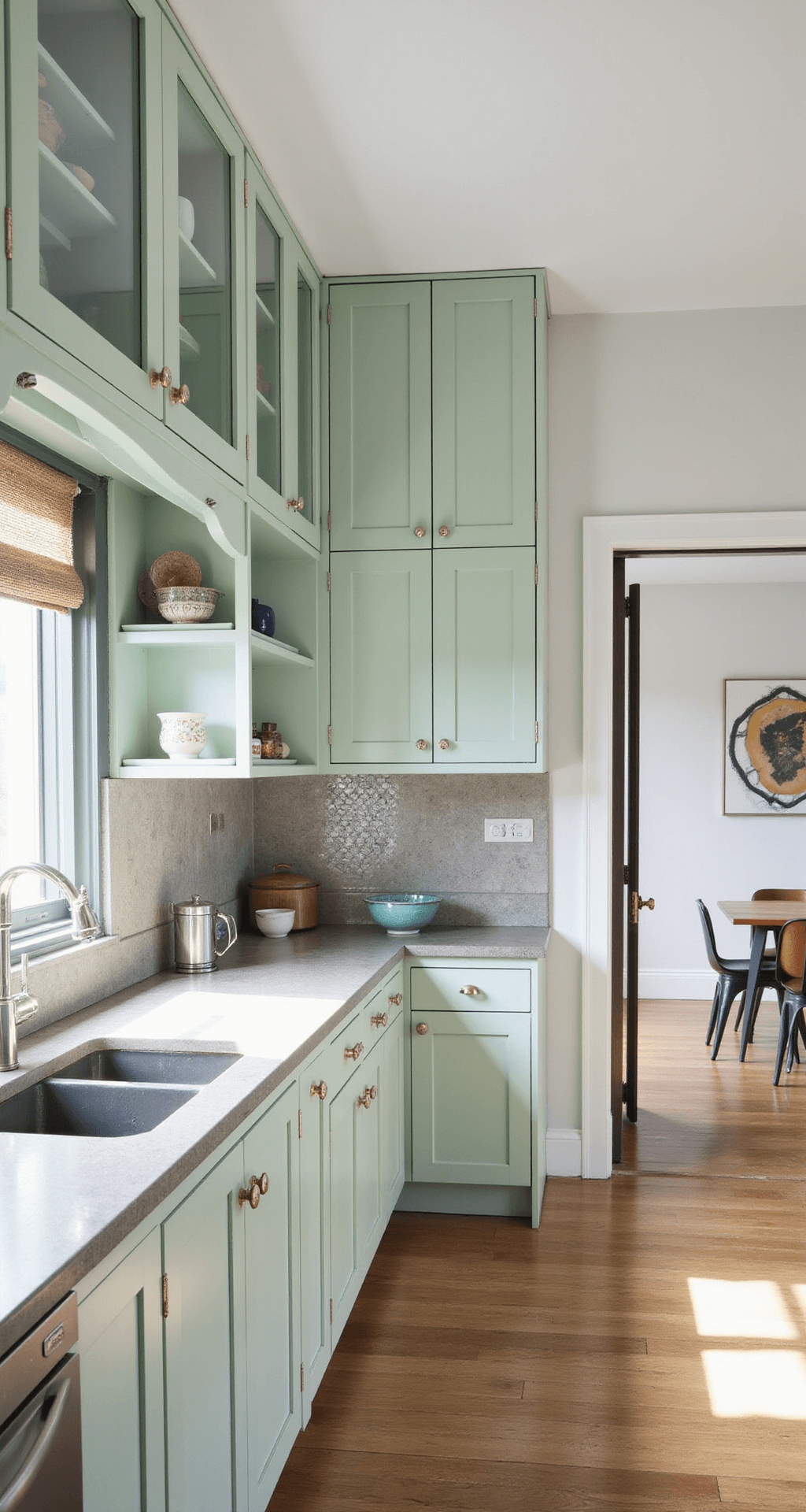 Green Kitchen Cabinets: Transforming Your Space with Nature's Most Versatile Color in 2025 A bright, mint green kitchen featuring glass-front upper cabinets, a penny tile backsplash illuminated by morning sun, and concrete counters. Open shelving displays pottery, captured from an adjacent dining space, reflecting Scandinavian minimalist design with soft lighting.